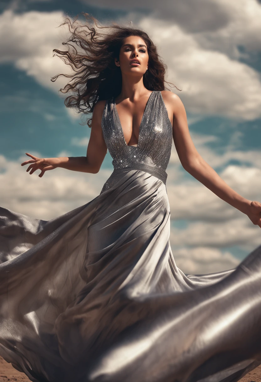 (busty woman:1.2),(silver flowing dress:1.2),(levitating:1.1),(air:1.1),(modeling runway),(wide shot),(elegant pose) (photo-realistic)