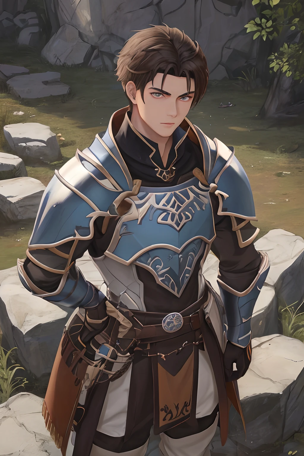 paladino, warrior, 1 homem, homem ocidental, Homem adulto, homem bonito, homem branco, homem usando armadura preta, homem de cabelos curtos e castanhos, short_Hair, brown_Hair, preto_armadura, marrom_olho