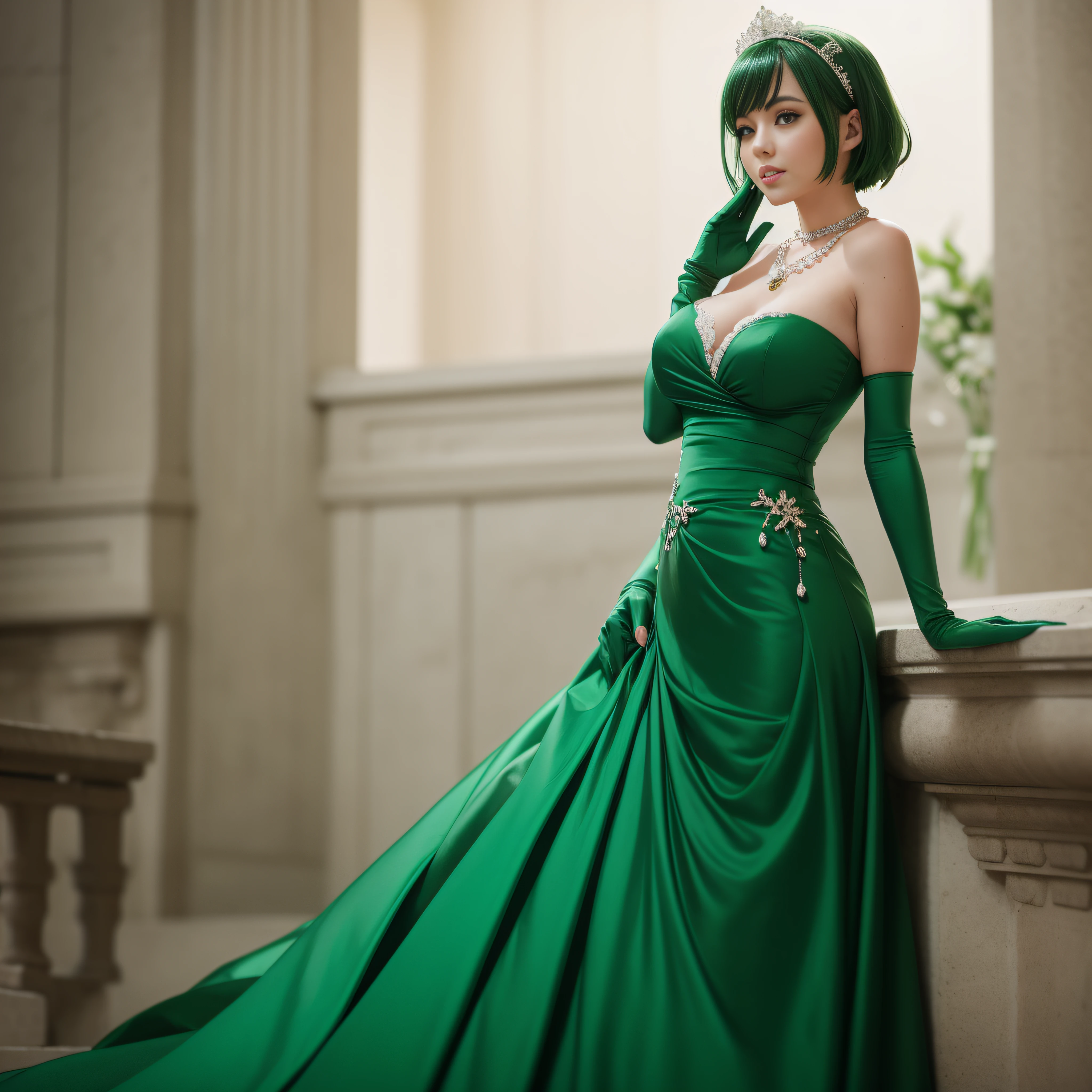 Green Dress Flower Cleanser,Sense of atmosphere, best qualtiy,tmasterpiece,1girll,30-years old,Green dress,Daytime Church,full body Esbian, Green gloves,With short green hair,big breasts beautiful,looking at viewert,ssmile,Green Bridal Veil,Green Long Grove,Satin green long gloves, lipsticks, Green Pearl Necklace、Green gloves, green short hair