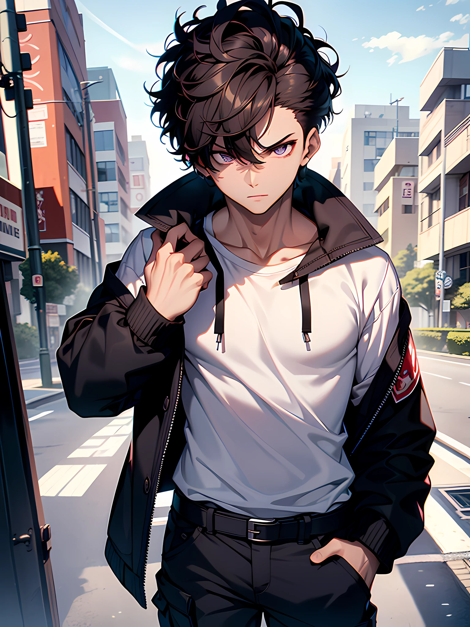 1boy, face focus, accurate beautiful violet eyes, curly two sided haircut, body is well proportioned, wearing black jacket, white t-shirt, cargo pants, his in the neighborhood, looking at viewer, high resolution, ultrasharp, 8k, masterpiece