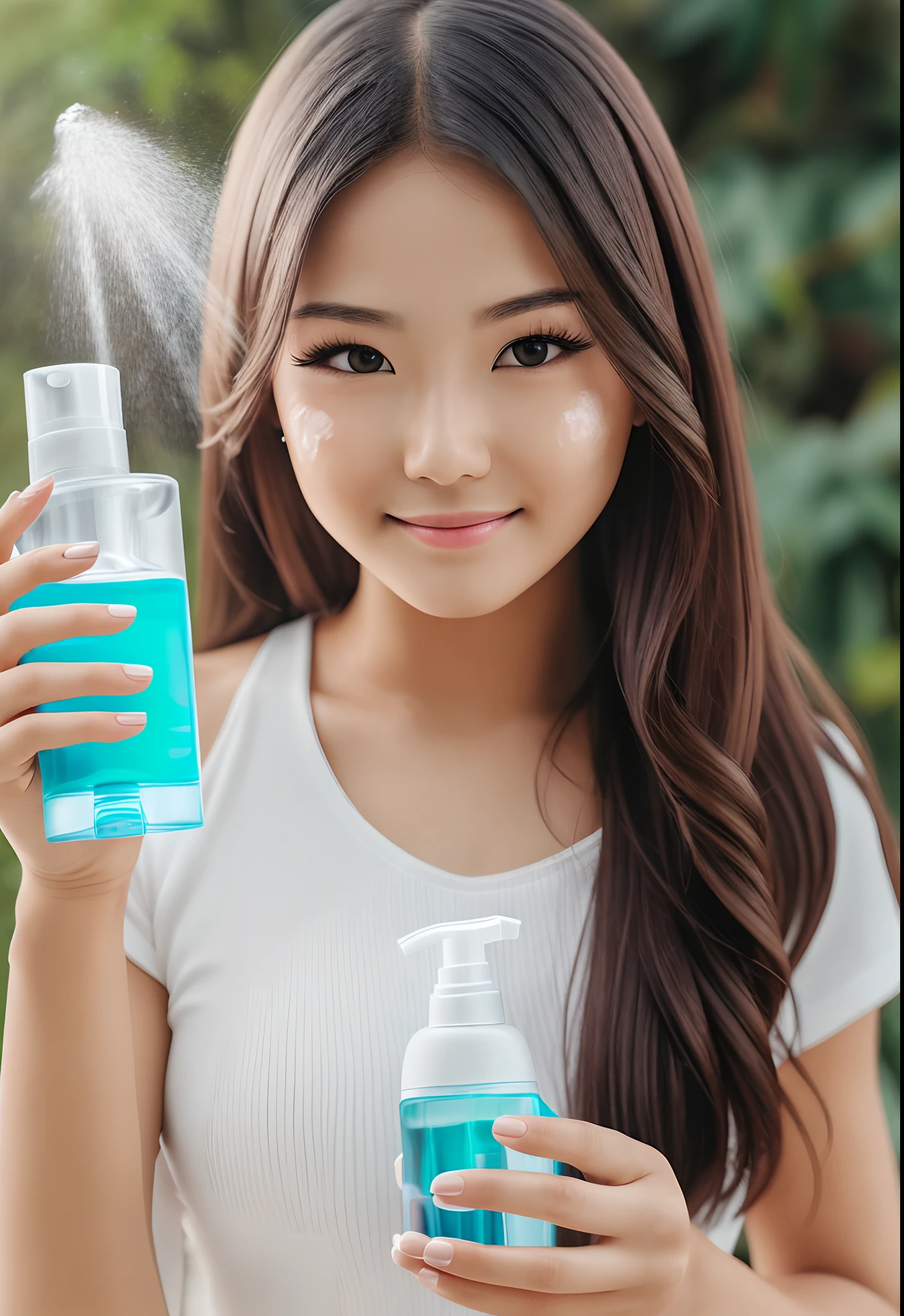 one cute girl posing for skincare commercial modeling while holding spray bottle, realistic, professional photography, --auto --s2
