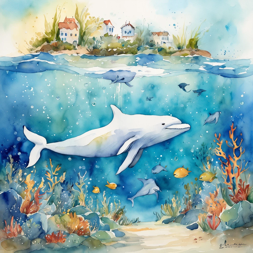 illustration：Girl in white swimming with whales at the bottom of the sea，The whale jumped out, The bubbles around the surface of the water slowly rise，Sunlight slanting, prime time,