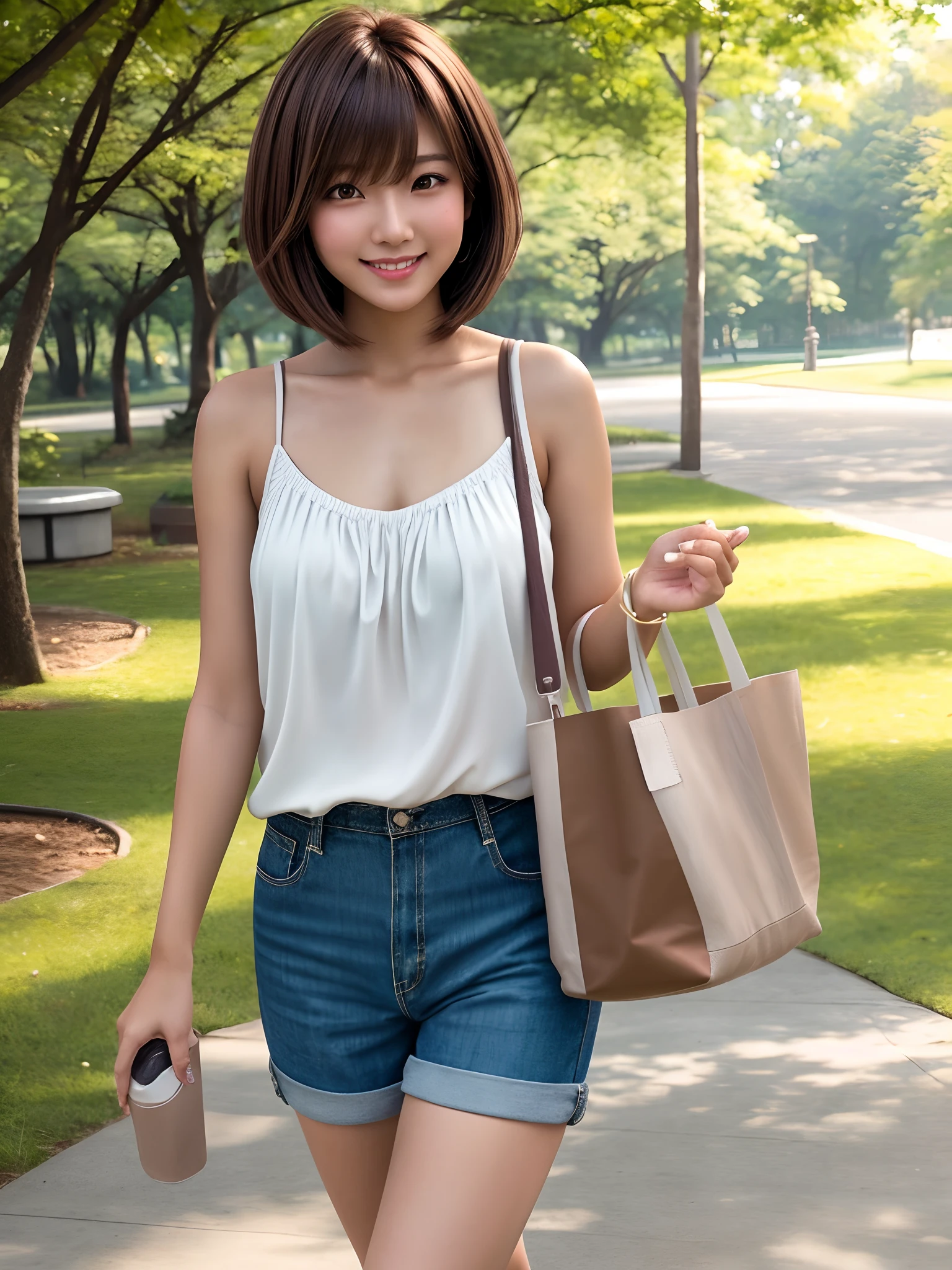 product quality, 1 girl, a cowboy shot, front view, a Japanese young pretty girl, bob hair, carrying a tote bag over her shoulder, glamorous figure, wearing a satin pink camisole, wearing short pants, walking through among crowds in a park with a big smile, hyper cute face, glossy lips, double eyelids for both eyes, natural makeup, shiny smooth light brown bob hair, asymmetrical bangs, tanned skin, central image, high resolution, high detailing, detailed hairstyle, detailed face, cinematic lighting, octane rendering, vibrant, hyper realisitic, perfect limbs, perfect anatomy