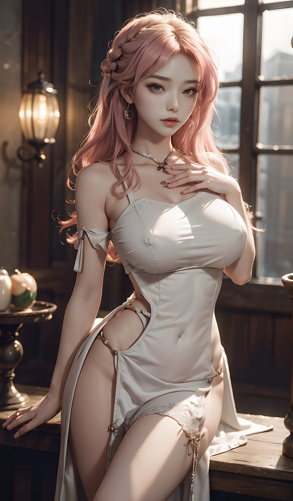 nsfw:1.5,masterpiece, from top, highest quality, high quality, high definition, high quality texture, high quality shadows, high definition, beautiful details, highly detailed CG, detailed textures, realistic representation of face, realistic, colorful, delicate, cinematic lights, side lights, lens flare, ray tracing, pink hair, see through clothes, apron, sharp focus, (1girl, __focus__:1.3), ( Intricate details, makeup, PureErosFace_V1:0.5), (detailed beautiful delicate face, detailed beautiful delicate eyes, perfect face proportions, beautiful hand, arms under the chest, side boobs, large breasts, naked apron, toned thin waist, smooth upper abdomen, skinny, dress, blonde hair, gigantic breasts, see through, see through dress, random pose, random hairstyle