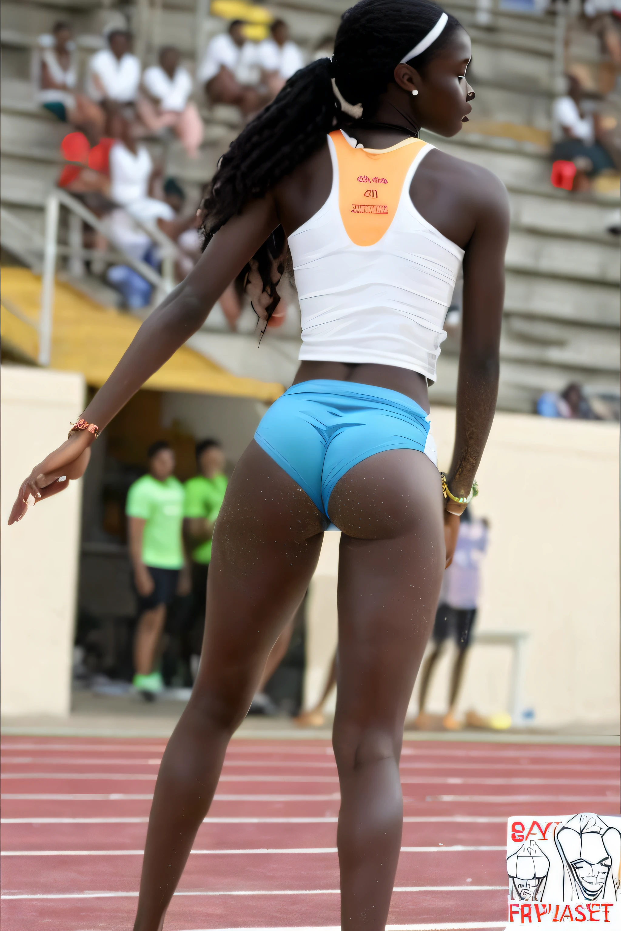 arafed woman in skimpy blue shorts and white tank top on a track, black skin!!!, tight attire, ebony skin, very dark brown skin!, dark skinned, adut akech, thighs!!!!!!, exposed thighs!!!, thighs!!!! gorgeous, dark brown skin, thighs!!!!! gorgeous, dark-skinned, dark skin, thighs!!!, good hips and long legs, 8K, ((masterpiece)), UHD, afro hair, afro hair style, long afro hair, ponytail, skimpy white top, showing ass, sexy ass, sand