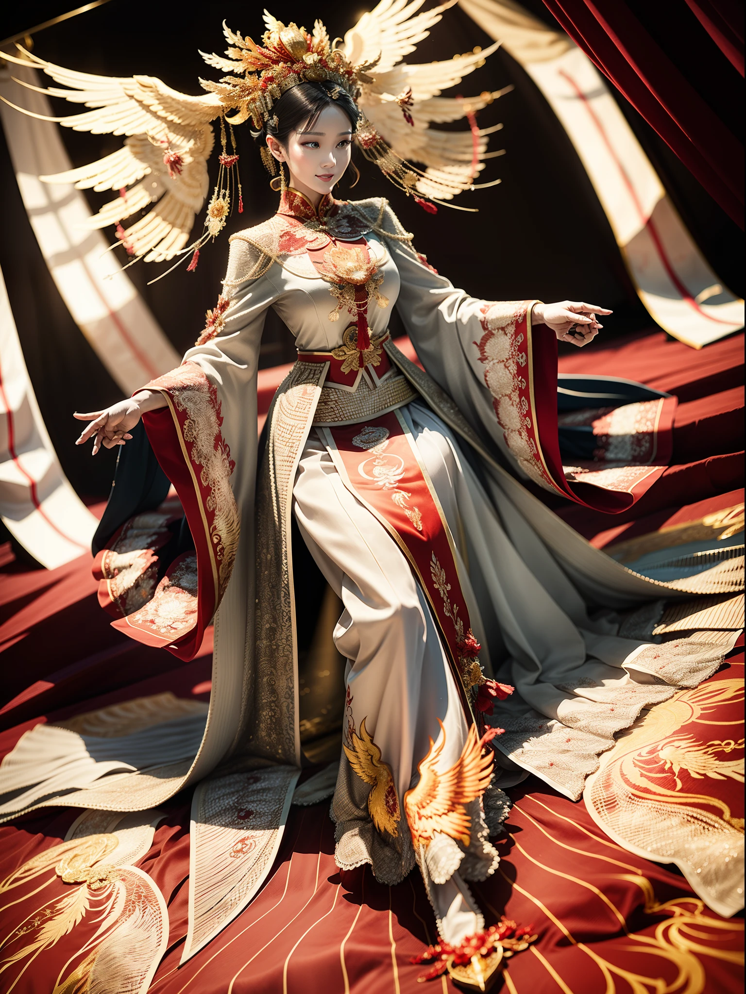 ((((masterpiece, Best Quality, High resolution)))), extremely detailed 8K, sexy Beautiful japanses teen girl with slim body, (Ultra HD, Ultra-detailed, Highly detailed, Highly realistic, Ultra-realistic, photos realistic), (1girl:1.5), blonde hair, short bob cut like, (dynamic poses), facing at camera, light smile, (huge breasts: 1.2), (beautiful detailed face, Beautiful detailed eyes), Anatomically accurate hands structure, Anatomically accurate fingers structure,(long sexy Glossy silk see-through japanese shrine maiden's attire,golden dragon embroidery:1.5), (front button of japanese shrine maiden's attire not fastned and breasts part widely open:1.5), Glow, Sweat, (rays of sunshine, Sunlight),(topless), sexy long legs, nakeness,bared chest,Sexy, Blushing,look up to the sky, (widely spacious royal palace garden:1.2), ultra realistic wide landscape, photogenic scenery, spot light on face