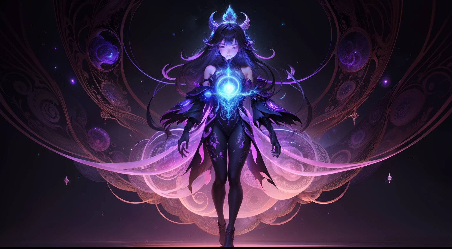 Illustration of a monster who manipulates the power of the universe at will、Slender female form、Born from a black hole、(The body glows with a purple or crimson hue reflecting the cosmic abyss:1.8)、fullnude、Planet shining on the forehead、Breasts are a shining planet、On the belly is a shining planet、

(In the hand is a powerful energy sphere like a black ho:1.5)、

Many destroyed planets in the background、(Full body:1.5)