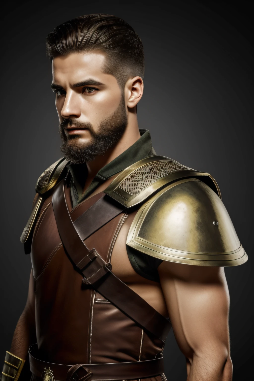 (piece of master), (best quality), cinemactic, fotorrealismo, renderizado, Realistic, ultra detalhado, rosto perfeito, Moldura retrato, peito para cima, Soldado grego, Ancient Greek soldier, Homem de 24 anos, barba curta, olhos castanhos , Armadura grega, armadura detalhada, short hair, cabelo penteado para o lado direito, corte militar, de frente, Ansioso, duas espadas envoltas nas costas