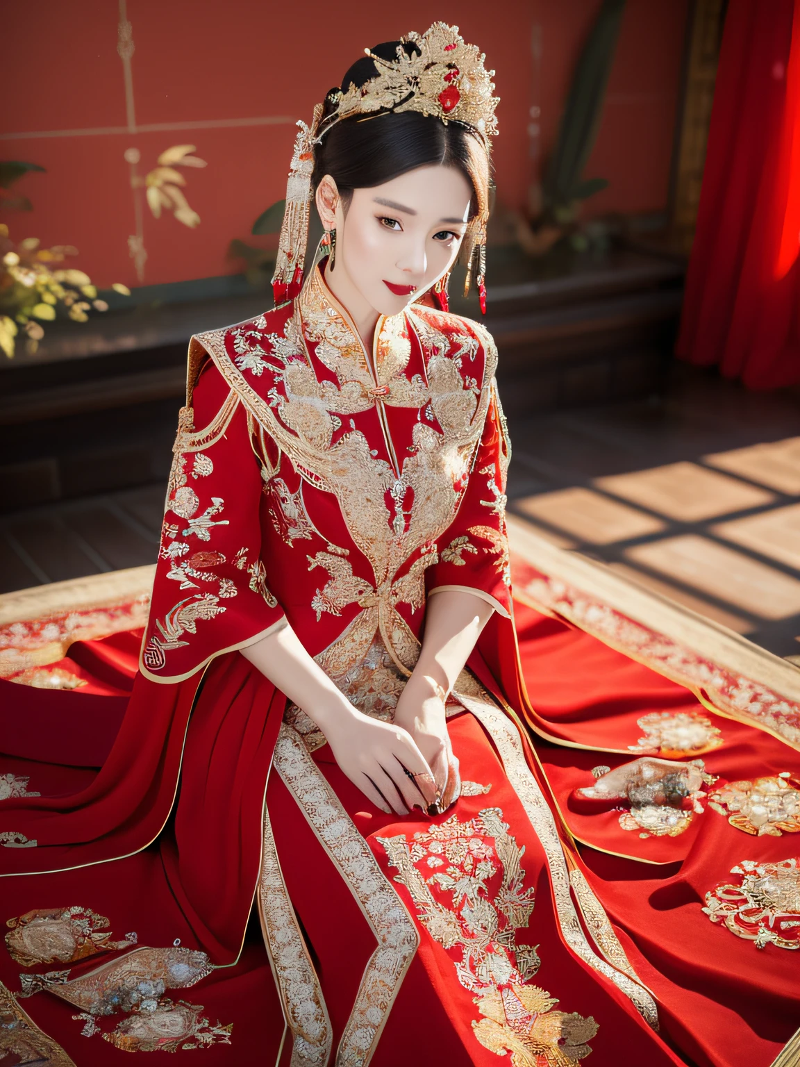 (ultra realistic 8k cg:1.2),Perfect artwork,Delicate pattern,intricately details, (Unbeatable masterpiece,Best quality:1.2),(extremly intricate:1.2),A woman in a red and gold dress, Phoenix crown,hair stick,(sitting on red bed),cosmetics,Blush,Shy,black_Hair, Looking down, cosmetics,(forehead dot),(2 red candles), Chinese_clothes, Curtains, Earrings, Hair_decorations, Hanfu, Indoors, jewelry, Red nails, Long_Sleeves, Red dress, Red lips, nipple tassels, (Red quilt),(red palace:1.2),(Ancient Chinese architecture),(Red:1.8),Night,ssee-through