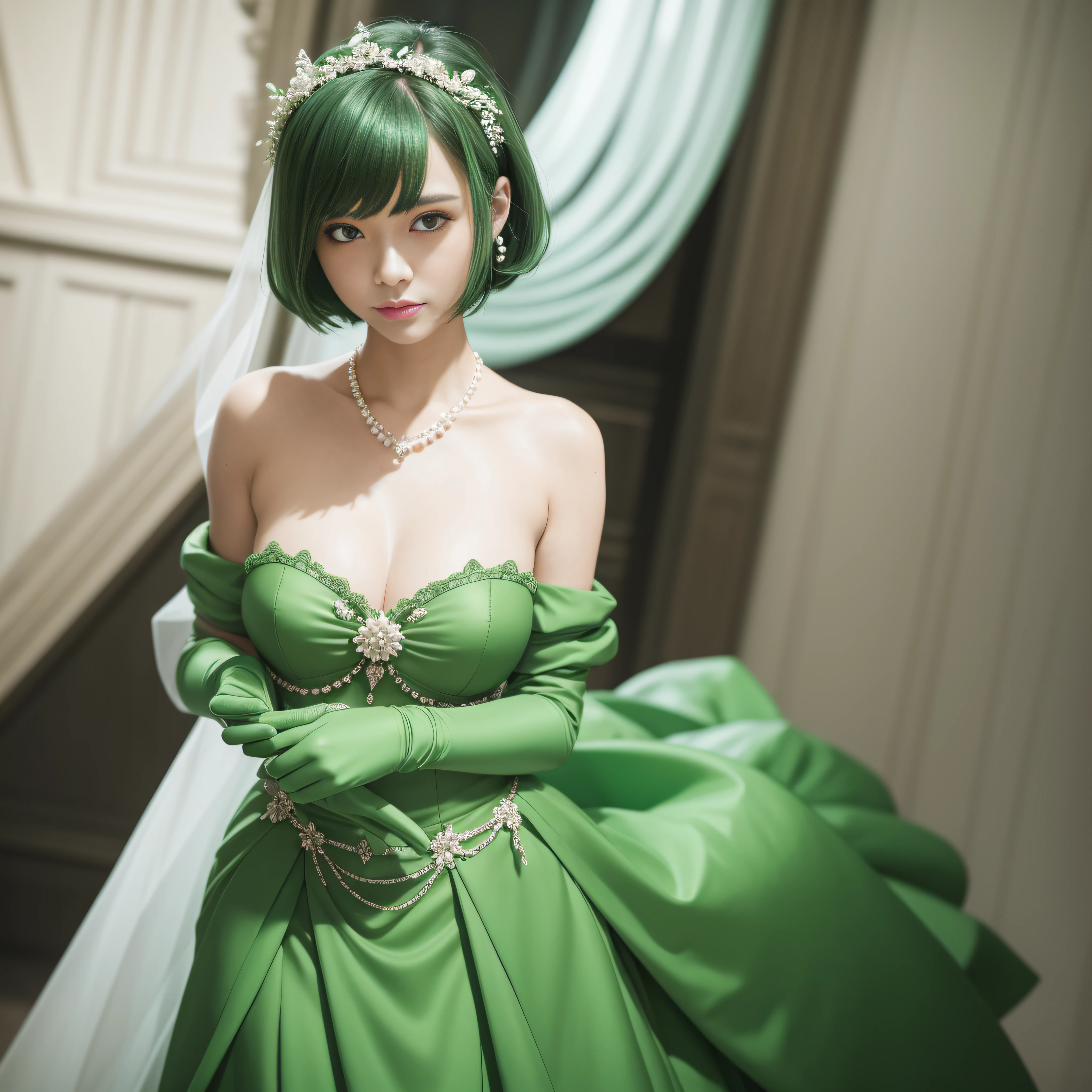 Green Dress Flower Cleanser,Sense of atmosphere, best qualtiy,tmasterpiece,1girll,30-years old,Green dress,Daytime Church,full body Esbian, Green gloves,With short green hair,big breasts beautiful,looking at viewert,ssmile,Green Bridal Veil,Green Long Grove,Satin green long gloves, lipsticks, Green Pearl Necklace、Green gloves, Green short hair
