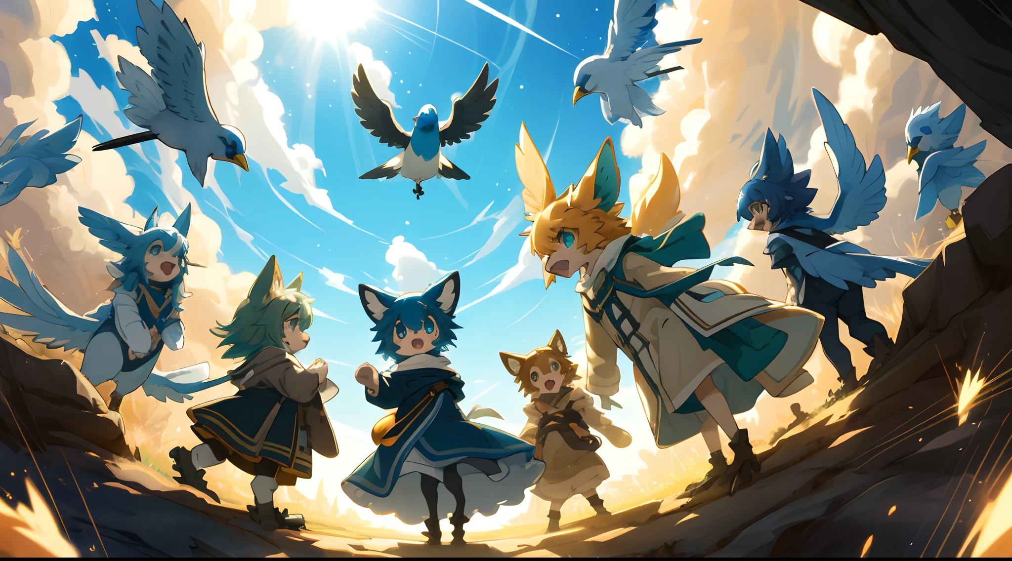 top quality, best quality, High-quality illustrations, masterpiece, super high resolution, detailed background, Blue sky((movie of bird creatures and human child)), 6+boys, 6+girls, absurdres(highly detailed beautiful face and eyes)perfect ???????, expression, caustics, light rays, dynamic lighting, light particles, lens flare, cinematic shadow(kemono, furry anthro)assorted poses, dynamic angle,