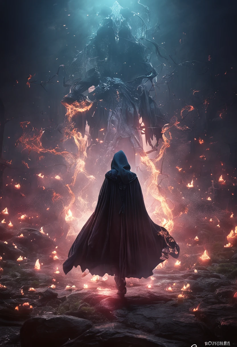 A man in a cloak standing in front of a fire - SeaArt AI