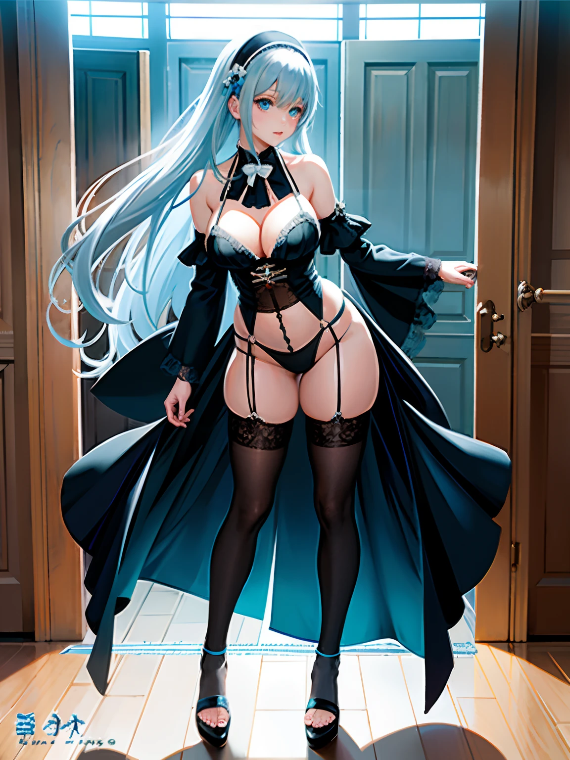 Anime Beautiful Girl，blue color eyes，2D,long  white hair，Black lace translucent panties，Blue tights，inns，Raised sexy，The plump lower limbs have details，Slim waist，Bright surroundings，seductiv，full, Bare breasts，Black silk long suspenders，Super-heeled sandals，Lace，Off-the-shoulder attire，generous，Shy，夏天，Beach behind the door，Extra-high heeled white sandals reveal black silk