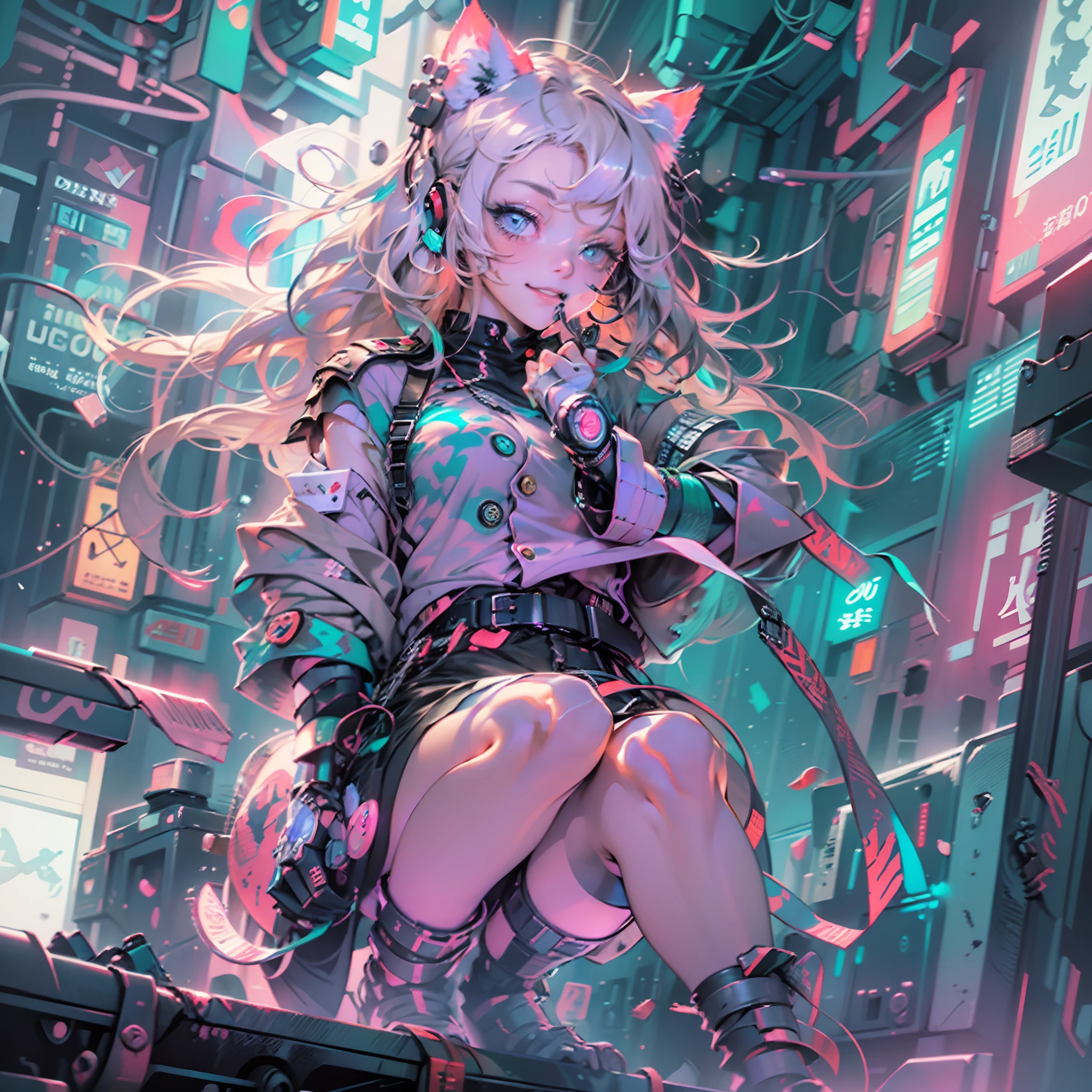 (top-quality), (masterpiece), (hight resolution), (tmasterpiece)、 cinematric light, Cinema Shadow, Sharp Image, Extremely detailed, Volumetric, (Pink Neon City)、(cyberpunkcity), particles effect, beautiful effects, Vivid colors, neons, Neon light, colorful water splash, clear and beautiful, Mysterious, Beautifully painted,Tiere、(Cute cat made in cyberpunk style)、1womanl,(very long hair of white color,,,,,30-years old,Large breasts, Huge breasts, huge-breasted, large full breasts, long drooping milk、I'm smiling、military weaponry)、(Button Up Military Uniform:1.3)、(Turbulent colorful light) 、(Full body photo)、(floating)、(Photo from below)