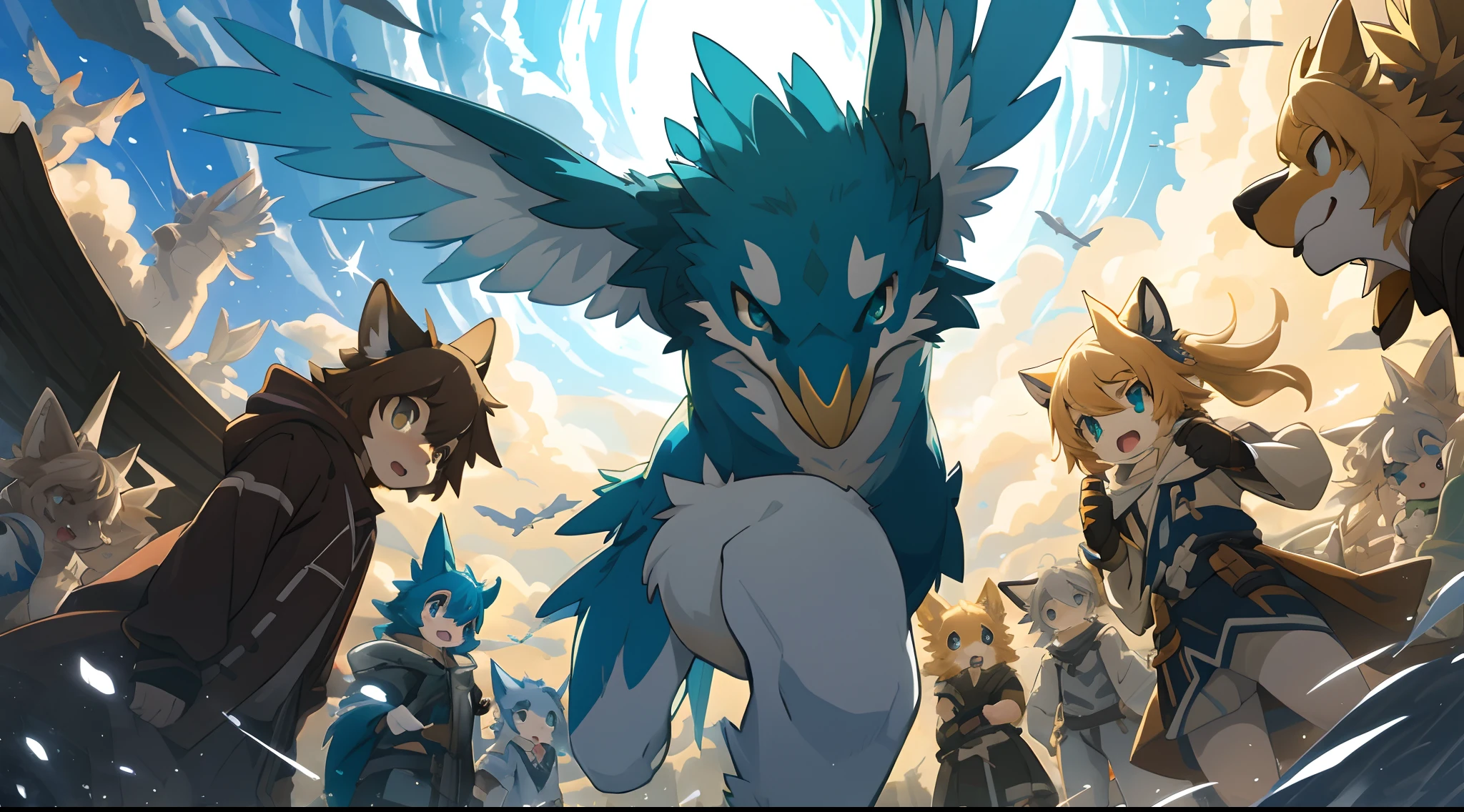 top quality, best quality, High-quality illustrations, masterpiece, super high resolution, detailed background, Blue sky((movie of bird creatures and human child)), 6+boys, 6+girls, absurdres(highly detailed beautiful face and eyes)perfect anatomy, expression, caustics, light rays, dynamic lighting, light particles, lens flare, cinematic shadow(kemono, furry anthro)assorted poses, dynamic angle,