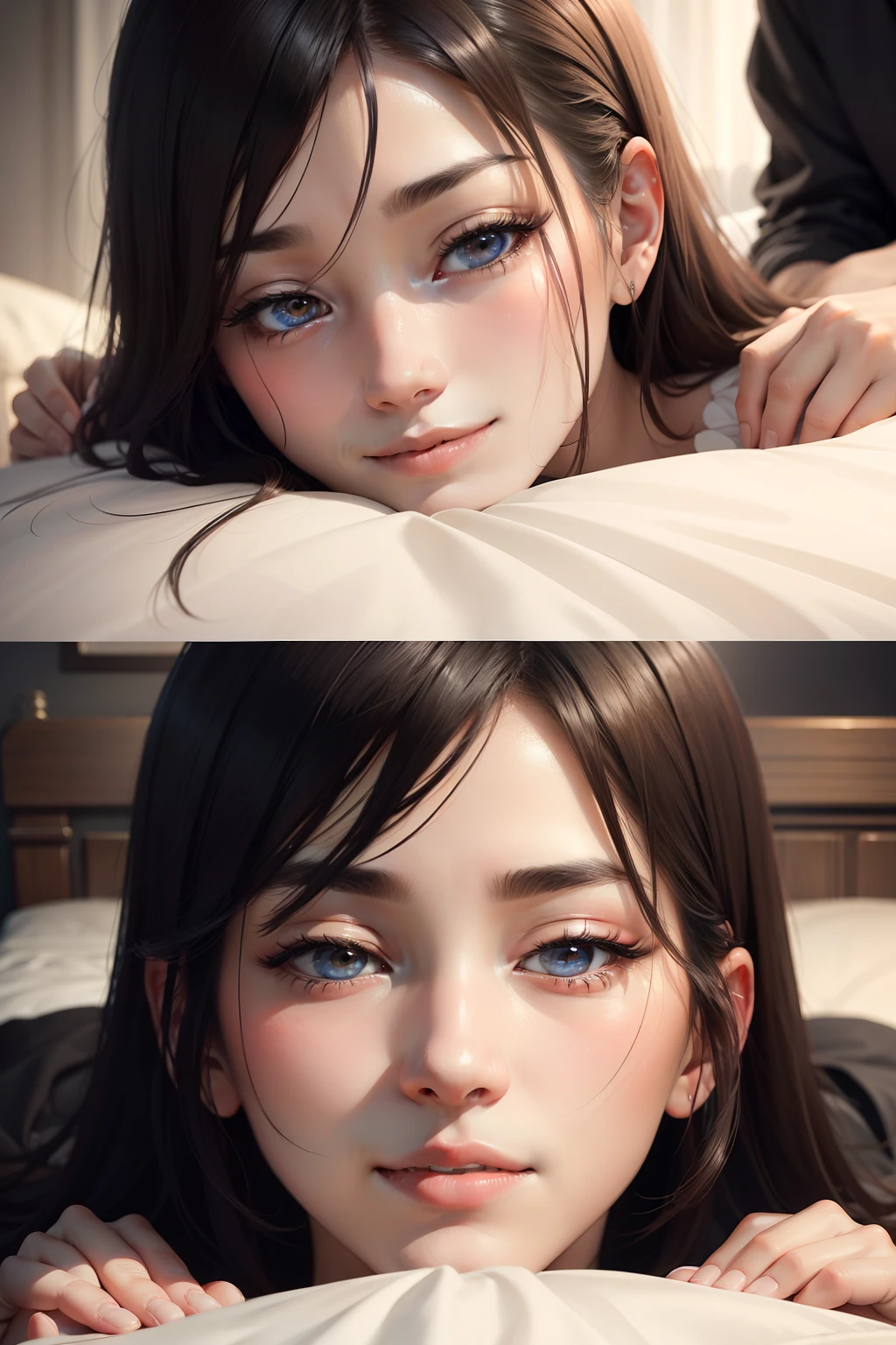 On the bed, the man strokes the woman,The woman was happy and her eyes were ambiguous,The man's eyes were affectionate。