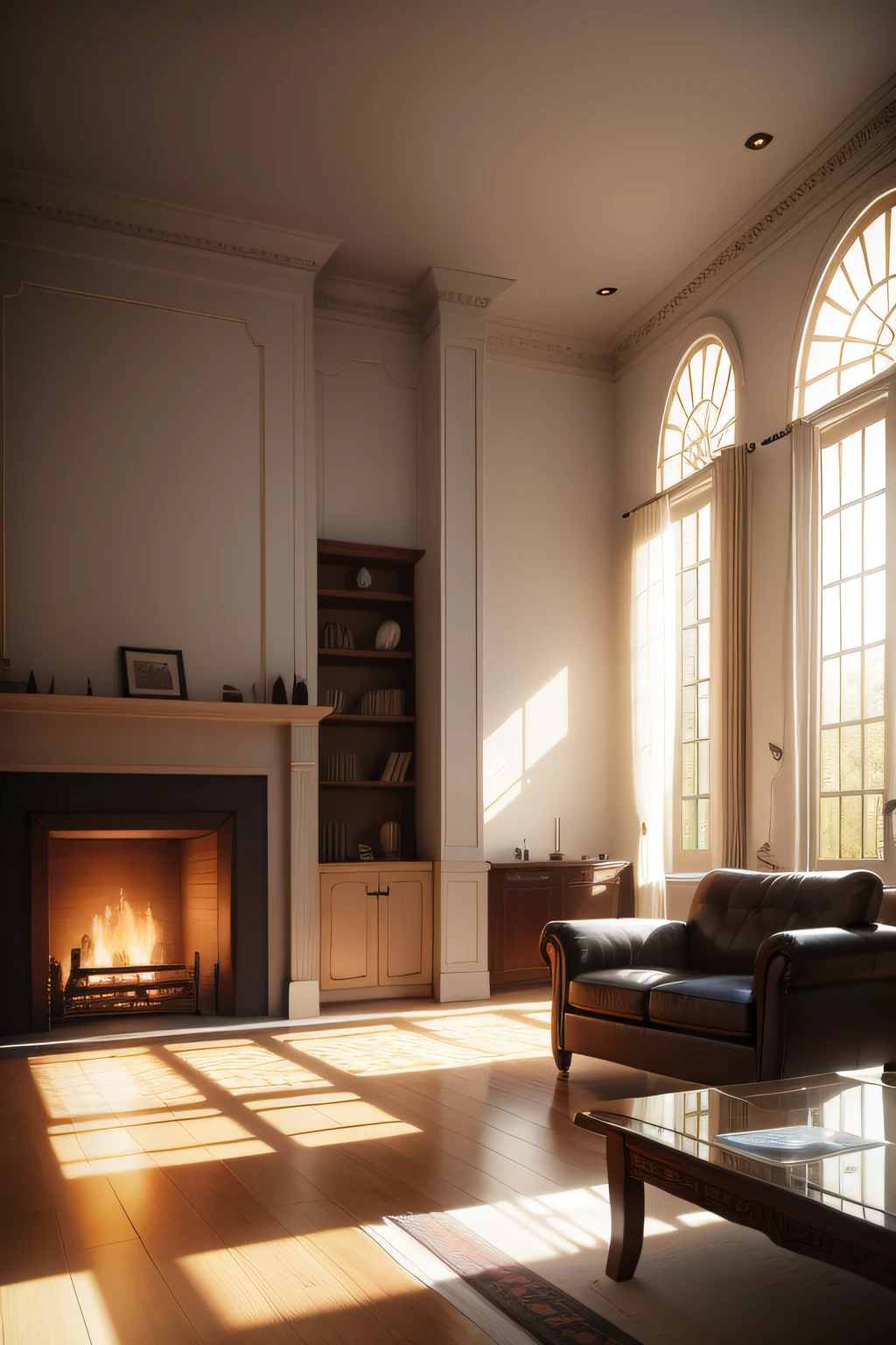 The fireplace is located in the very center of the living room,Front view,There is a sofa coffee table next to the 2nd side of the fireplace,Sunlight shines through the transparent glass windows,best qualtiy,Simple atmosphere, ultra - detailed, 超高分辨率,Indoor HD rendering