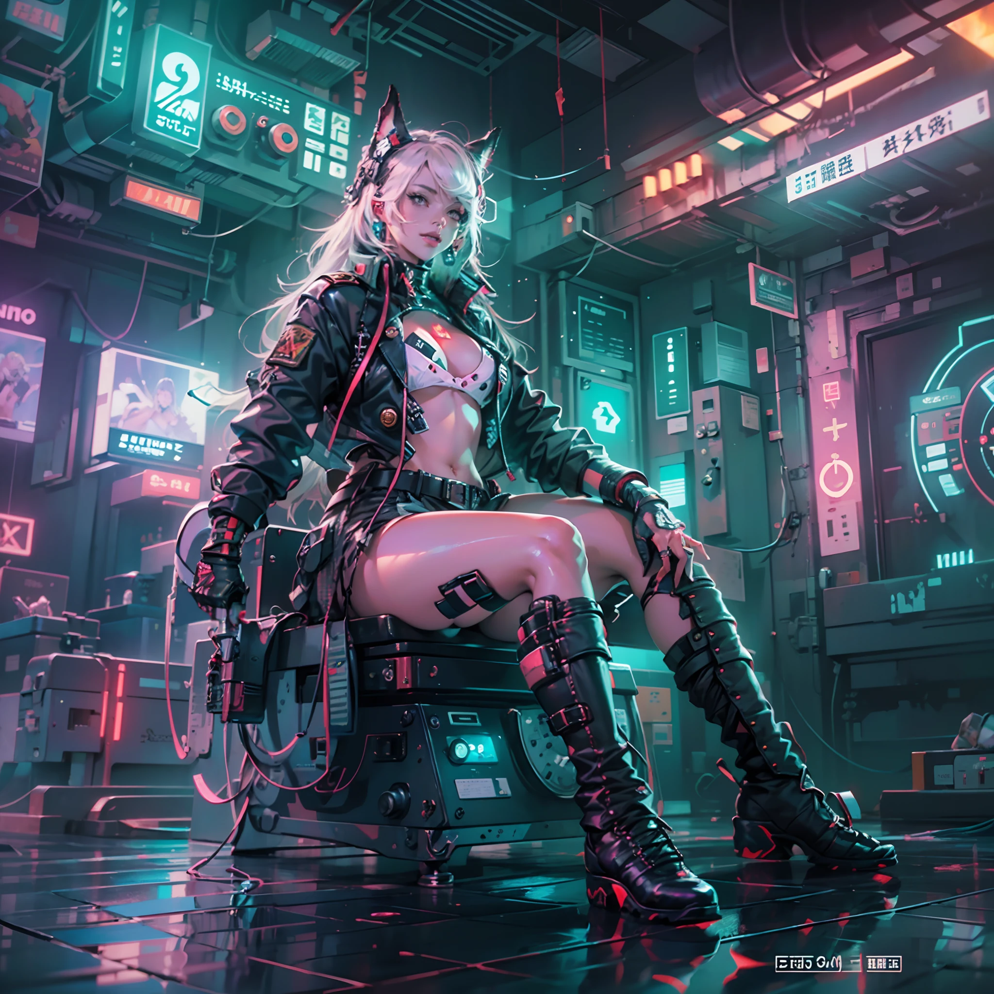 (top-quality), (​masterpiece), (hight resolution), (tmasterpiece)、 cinematric light, Cinema Shadow, Sharp Image, Extremely detailed, Volumetric, (Pink Neon City)、(cyberpunkcity), particles effect, beautiful effects, Vivid colors, neons, Neon light, colorful water splash, clear and beautiful, Mysterious, Beautifully painted,(Cockpit of a sci-fi fighter)、Tiere、(Cute cat made in cyberpunk style)、1womanl，(very long hair of white color,,,,,30-years old，Large breasts, Huge breasts, huge-breasted, large full breasts, long drooping milk、I'm smiling、military weaponry)、(Button Up Military Uniform:1.3)、(Turbulent colorful light) 、(Full body photo)、(Angle from below)