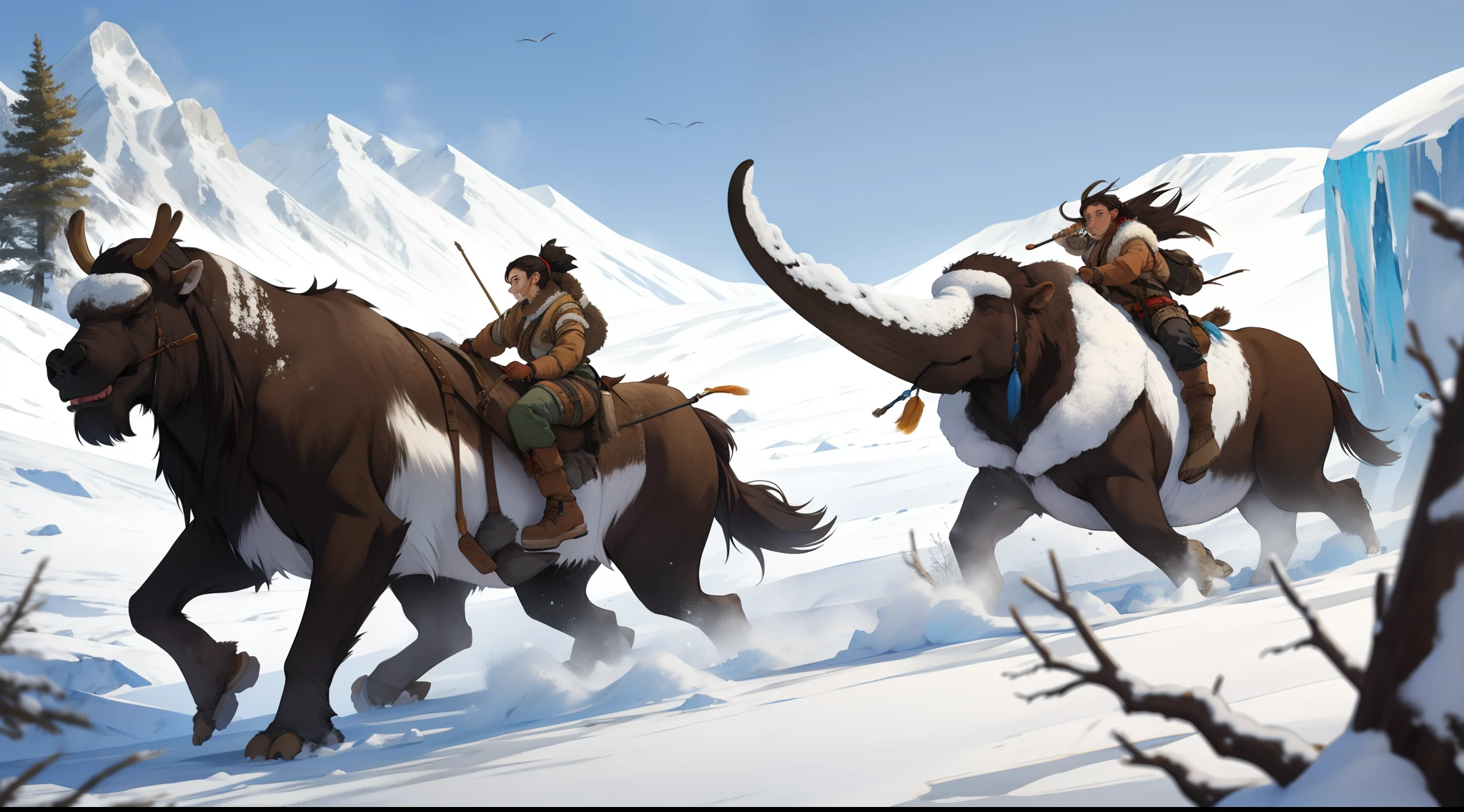 prehistoric woman mammoth hunting in the last ice age . (woman: 2.0)