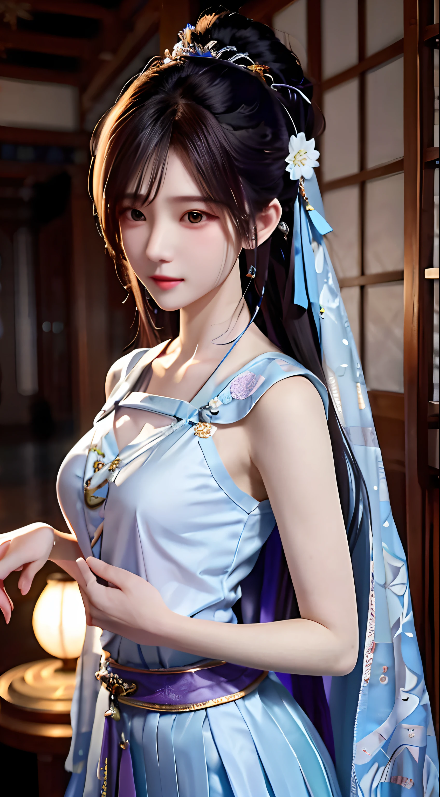 a close up of a woman in a blue dress posing for a picture, Anime girl cosplay, Anime cosplay, Palace ， A girl in Hanfu, cosplay, full-body xianxia, Hanfu, Chinese costume, Anime goddess, beautiful and seductive anime woman, with acient chinese clothes, By Leng Mei, beautiful teenage girl, trending on cgstation, White Hanfu