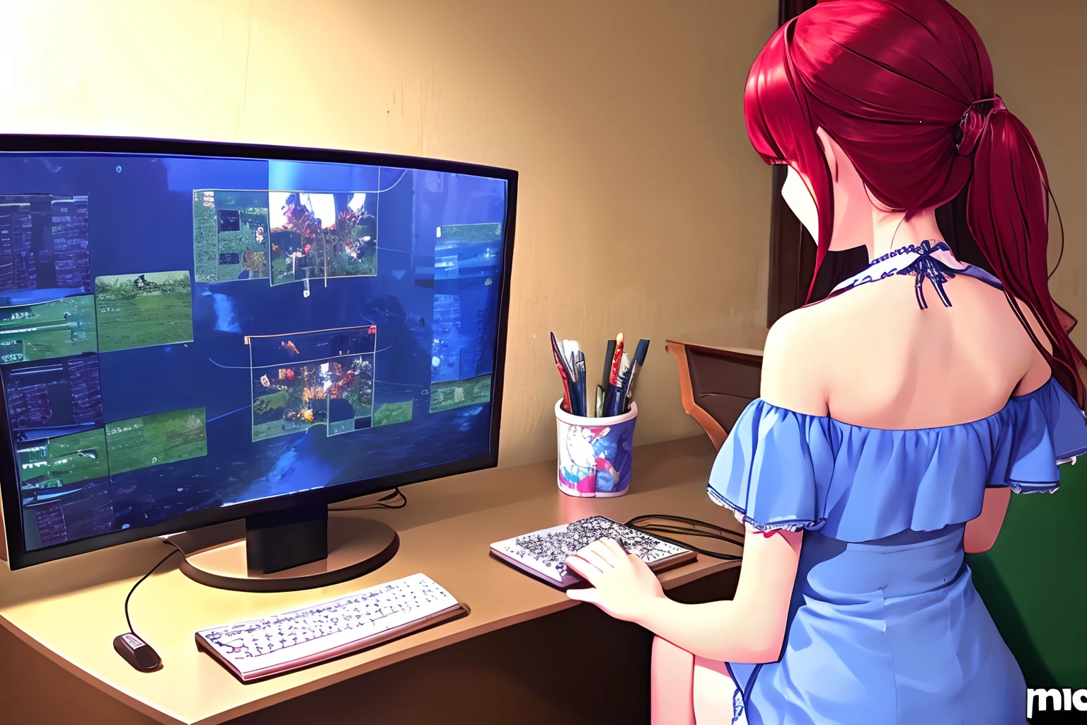 1girll,playgame,From the side,From behind, Red hair,Large display,ogc,playing game