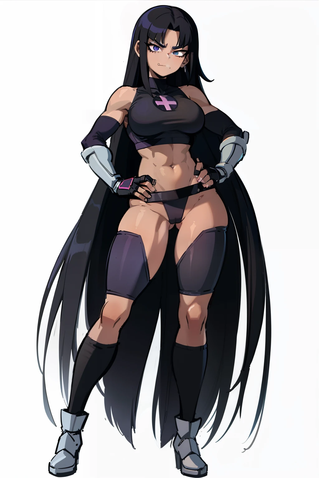 My Hero Academia Style, Anime Girl, Female, Trending on ArtStation Pixiv, (Full Body Shot: 0.5), Blackfire, Titans, Wide Thighs, Medium breast, Wide Hips, Long Black Hair, Black Hair, Long Hair, Eyes Purple, NFSW, Underboob Sleeveless Black Top, Thong Under Pants, Black Mid Rise Pants, Baggy Pants, Black Booties, Booties, Fishnet Gloves, Exposed Belly, Exposed Navel, Abs, Smug, Perky Look, Perfect Hands, Perfect Anatomy, Super detailed,