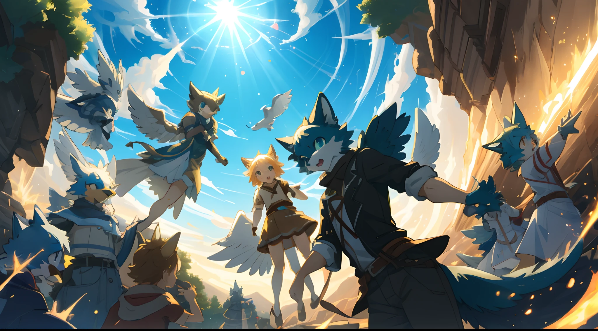 top quality, best quality, High-quality illustrations, masterpiece, super high resolution, detailed background, Blue sky((movie of bird creatures and human child)), 6+boys, 6+girls, absurdres(highly detailed beautiful face and eyes)perfect anatomy, expression, caustics, light rays, dynamic lighting, light particles, lens flare, cinematic shadow(kemono, furry anthro)assorted poses, dynamic angle,