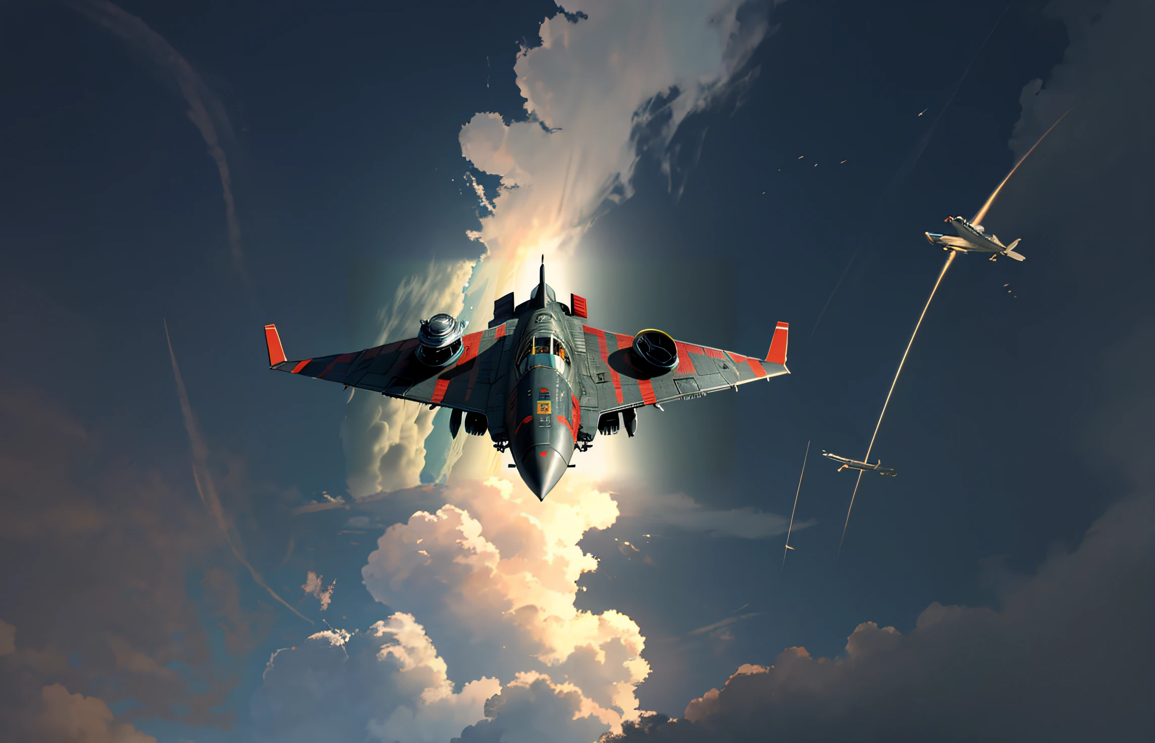 There was an airplane flying in the sky，Clouds, fighter jets