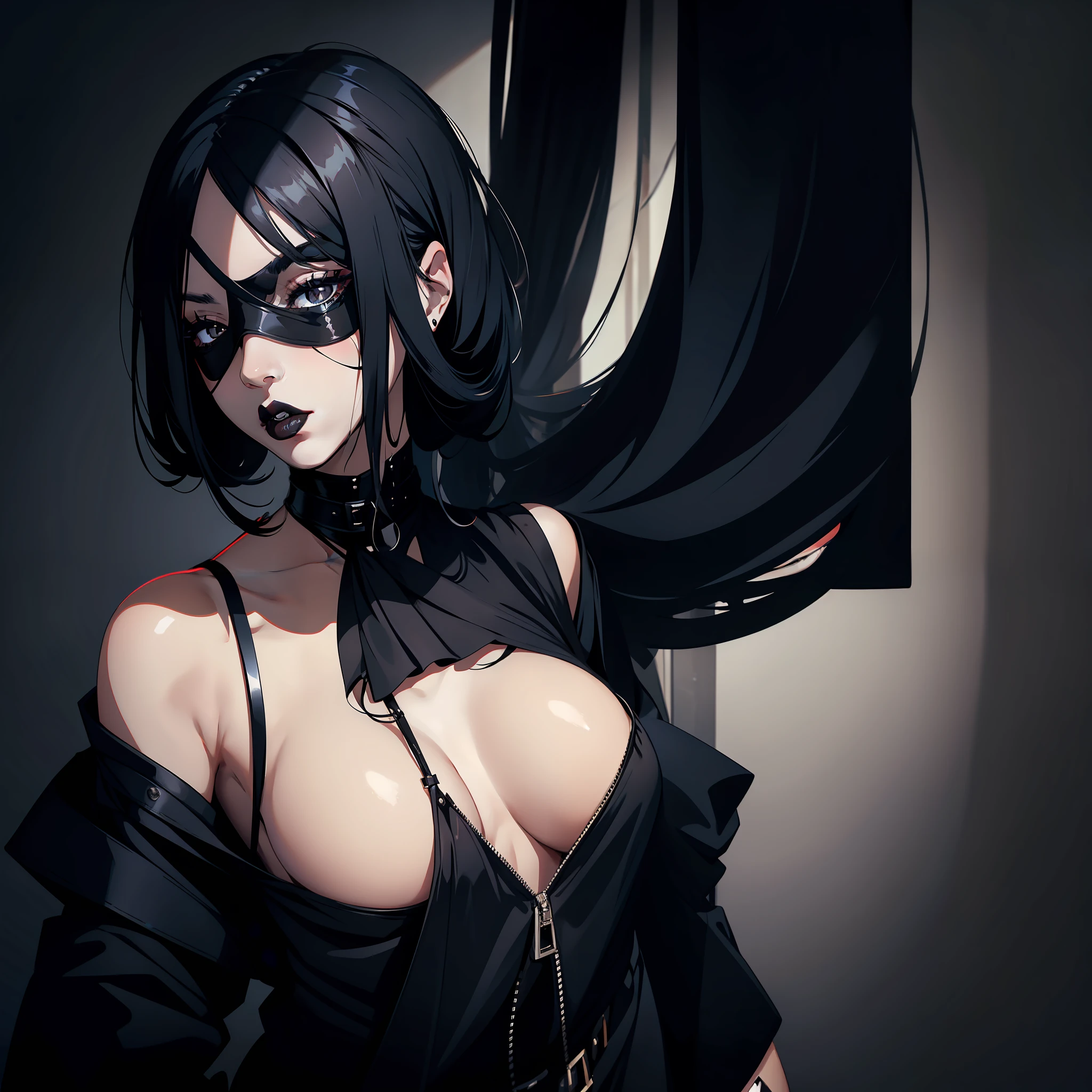 portrait of a sultry female with long black black hair covering one eye, wearing blindfold, wearing black lipstick, sexy, solo, alone