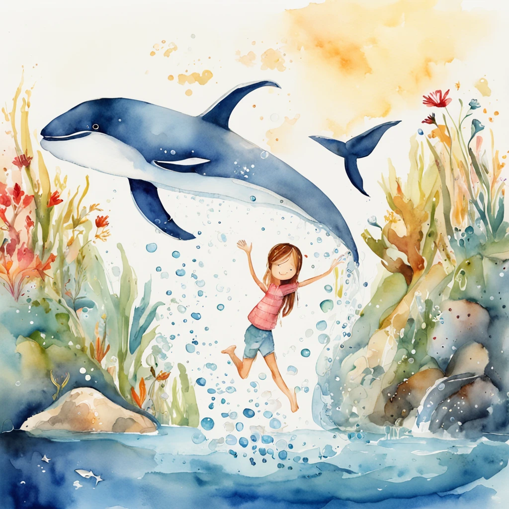Children's book illustration:Girl in white swimming with whales at the bottom of the sea,The whale jumped out, The bubbles around the surface of the water slowly rise,Sunlight slanting, prime time,