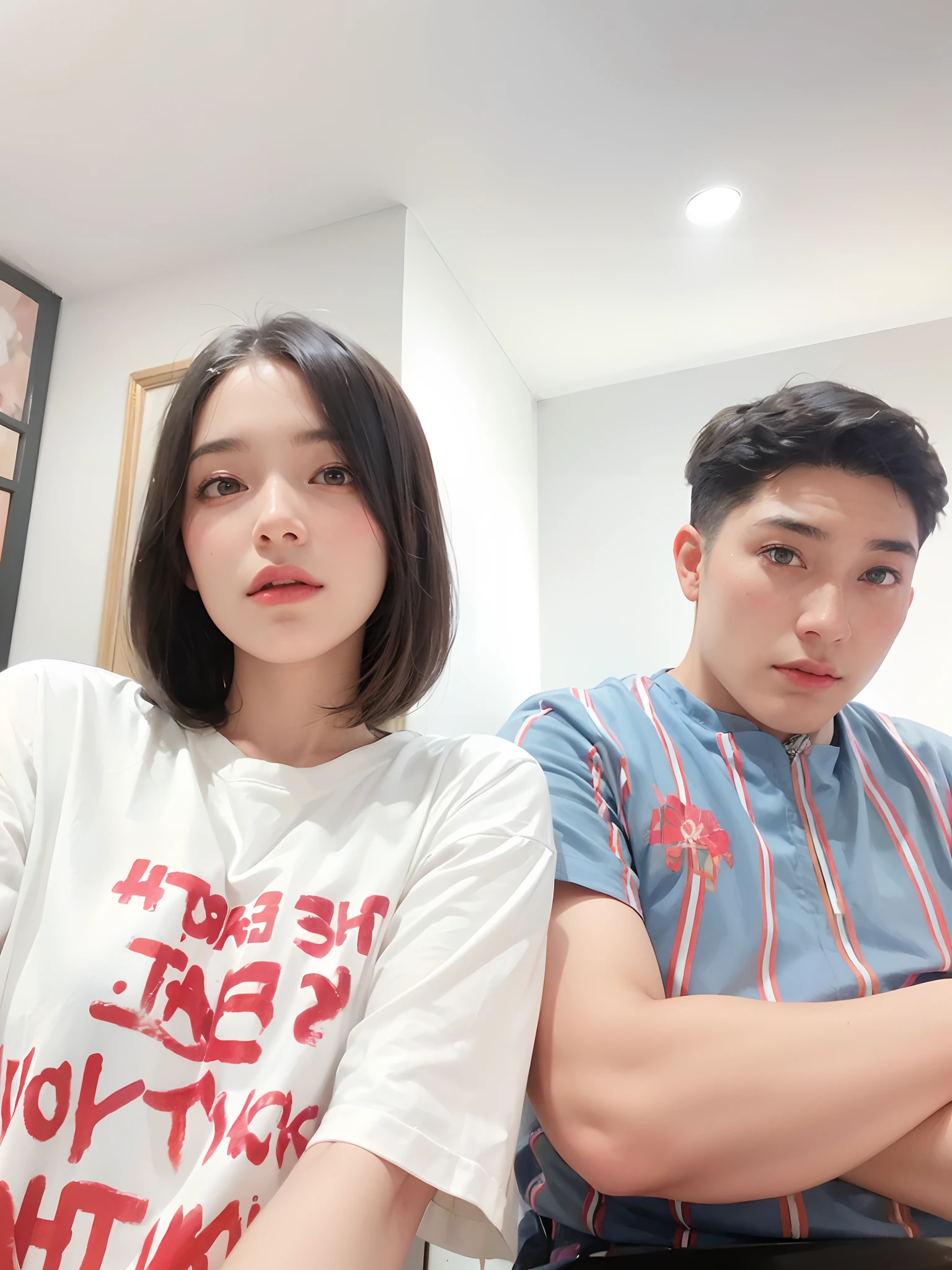 249 (18 year old female and 18 year old male), (short hair),kind, lipstick, (Jeans andＴshirt), smile