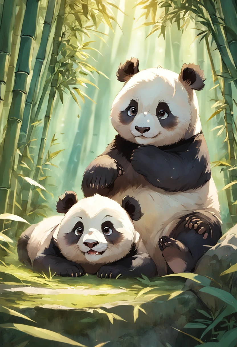 Two adorable furry panda cubs roll playfully in sunny bamboo glades, Warm light filters through the leaves. Detailed fur texture, Peaceful and natural mood, Gentle lighting. Traditional watercolor style. --AR 4:5 --s 400 --niji 5