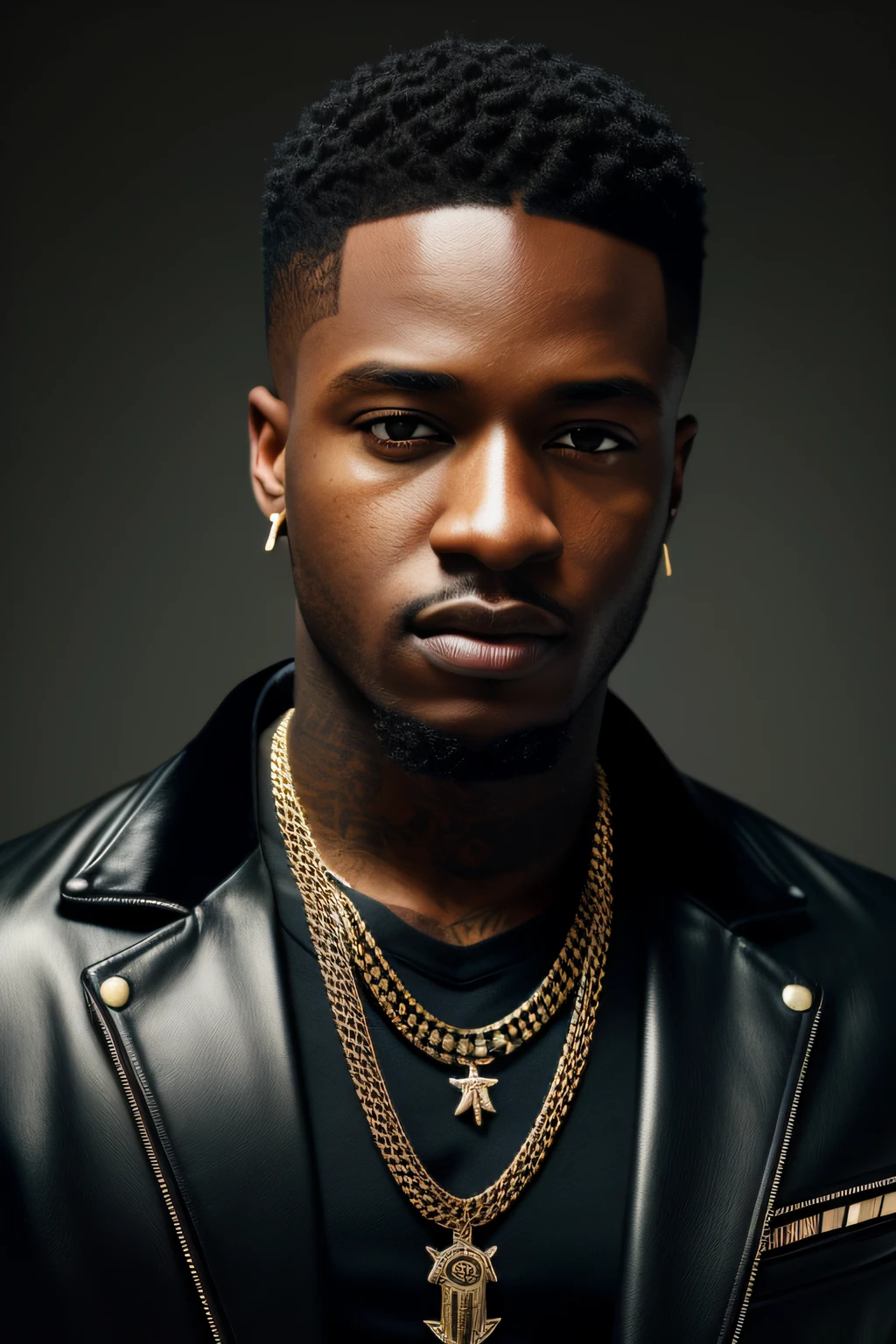(masterpiece), (best quality), cinematic, photorealism Rendering, realistic, ultra detailed, perfect face, portrait frame, chest up, traper, trapstar, blended man, dark man, guy who sings trap, dark skin, designer clothes, stylish clothes, American cut, straight hair, necklaces around the neck, in front, looking straight ahead,