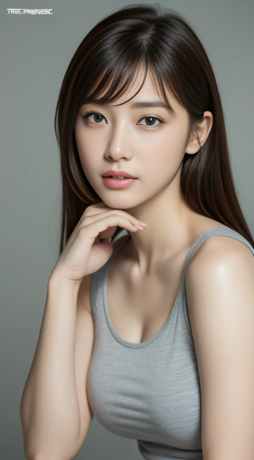 tmasterpiece、Top Quality、(reallistic、Photorealcitic:1.4)、(Raw-Photo:1.2)、very elaborate CG Unity 8K wallpaper、Very delicately beautiful..、majestueux、attention to detail、offcial art、absurderes、Unbelievably ridiculous resolution、huge file size、Extremely fine、very elaborate、beautiful eyes and face、Beautiful exquisite eyes、light on the face、1 girl in、navels、The upper part of the body、Grey sleeveless shirt、Bare wrist、By Bangs、Uljang-6500-V1.1, Big breasts, thick-thighs, Minisct, Sensual poses
