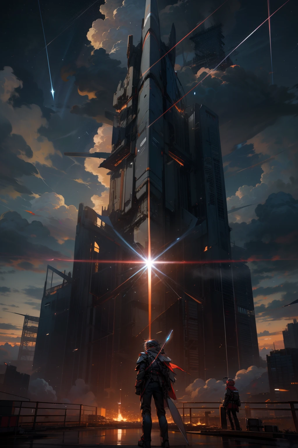 AI_Misaki, EpicSky,3d figure, standing, outdoors, multiple_boys, sky, cloud, night, cloudy_sky, fire, robot, star_(sky), scenery, starry_sky, science_fiction, ruins --auto