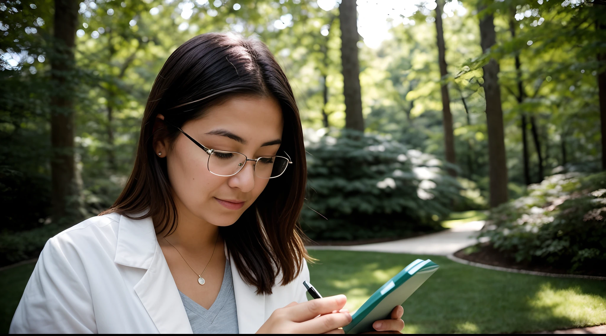 instagram photo, closeup face photo, A serene scene of a woman scientist taking notes in a tranquil outdoor environment, introspective, contemplative, Fujifilm X-T3 with 18-55mm f/2.8 lens, soft natural light, mindfulness photography.