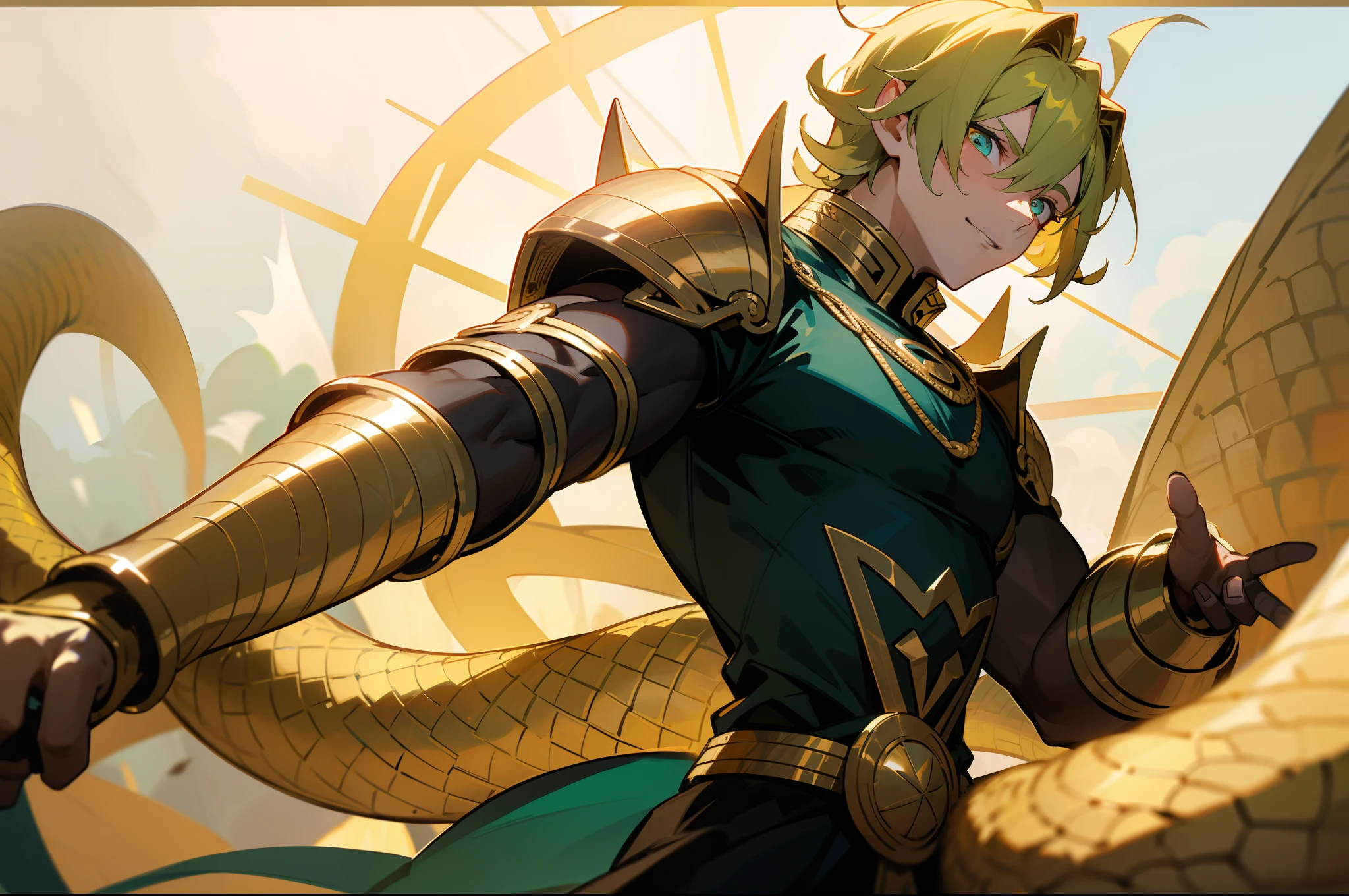 One guy,Dark blue and dark green crossed hair,Short-haired teenager,Homem de meia idade,Dark green lining,Yellow modified,Golden armor,There are two statues of the golden snake on the back,The eyes are white,Dark Department,Pharaonic elements,4K,Lighting effects enhanced,The background is desert,Dazzling sun,Evil laughter,Giant golden snake,Golden dragon horns grow on the head