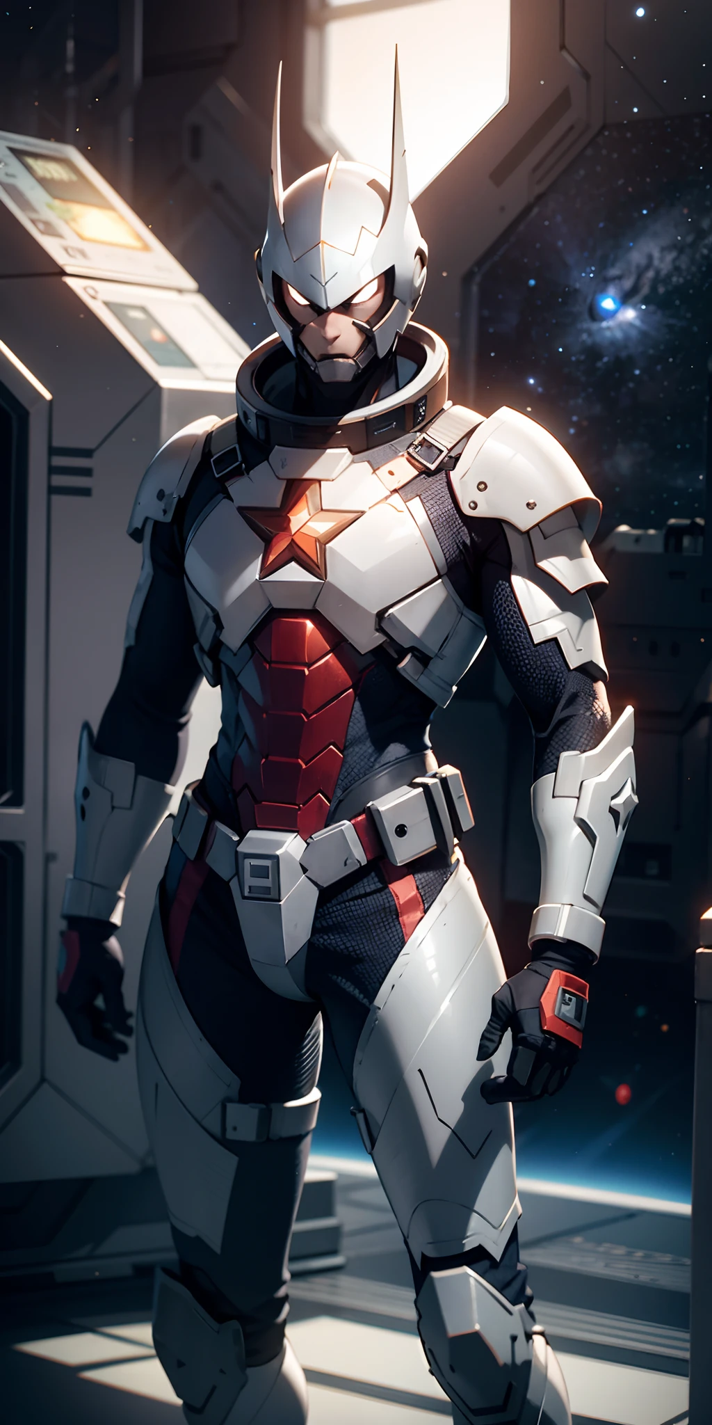 "Man in Marvel Combat Machine Armor on a Space Base", armadura enferrujada:0.9, galaxy, foto profissional:1.3)