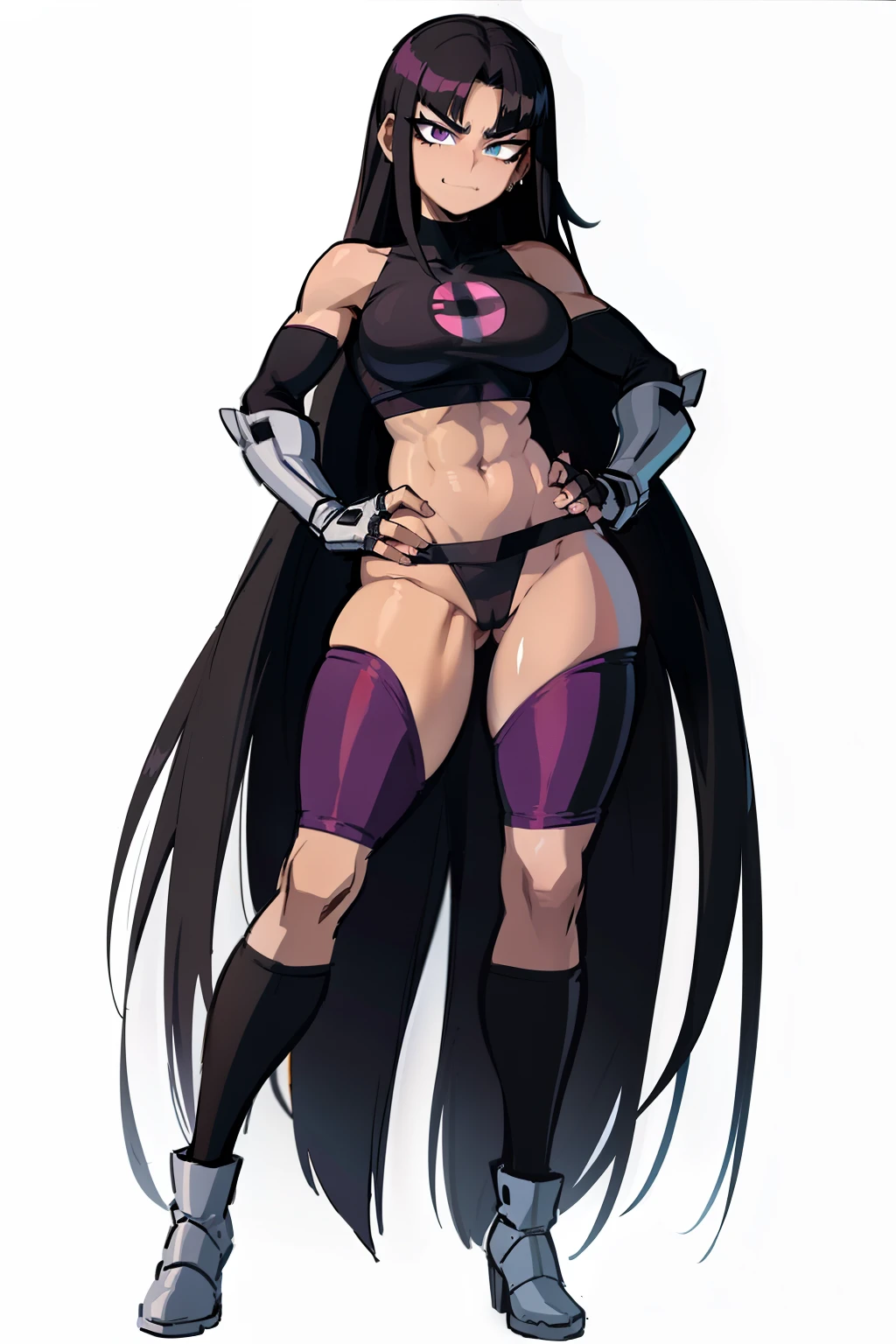 My Hero Academia Style, Anime Girl, Female, Trending on ArtStation Pixiv, (Full Body Shot: 0.5), Blackfire, Titans, Wide Thighs, Medium breast, Wide Hips, Long Black Hair, Black Hair, Long Hair, Eyes Purple, NFSW, Underboob Sleeveless Black Top, Thong Under Pants, Black Mid Rise Pants, Baggy Pants, Black Booties, Booties, Fishnet Gloves, Exposed Belly, Exposed Navel, Abs, Smug, Perky Look, Perfect Hands, Perfect Anatomy, Super detailed,