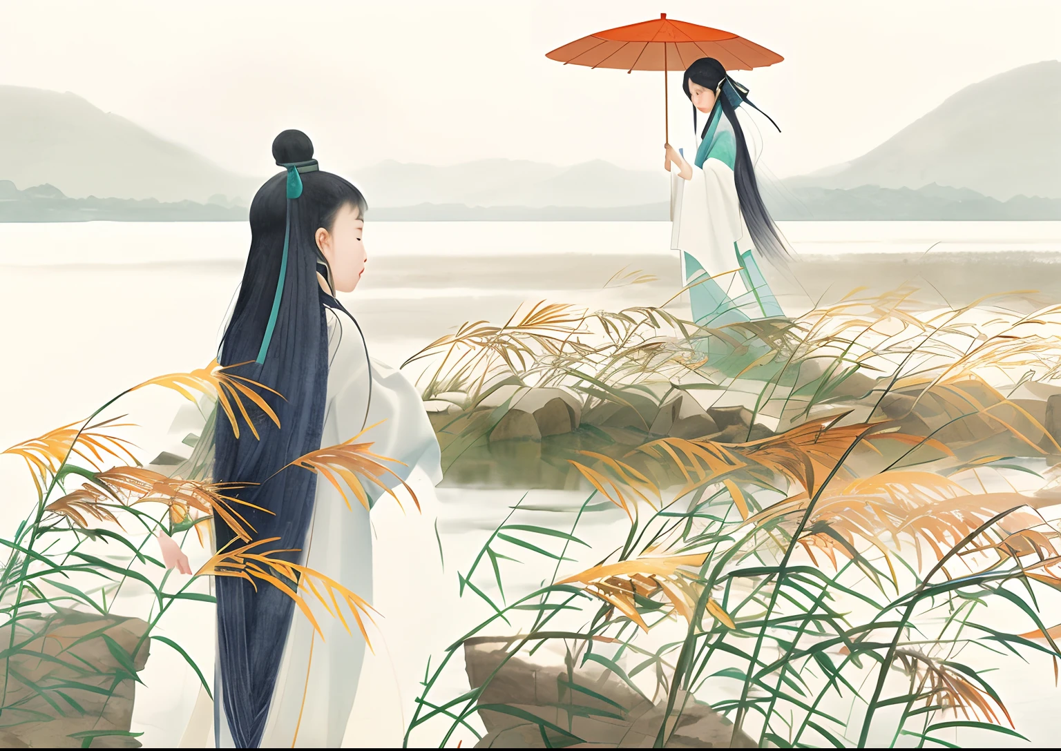 A boy and a girl stand in the water, Two people wear Han clothes,The girl on the right holds an umbrella, a beautiful artwork illustration, Palace ,serene illustration, Chinese style painting, Chinese painting style, inspired by Yun-Fei Ji, Inspired by Seki Dosheng, Traditional Chinese painting, inspired by Emperor Huizong of Song, Chinese watercolor style, By Li Song