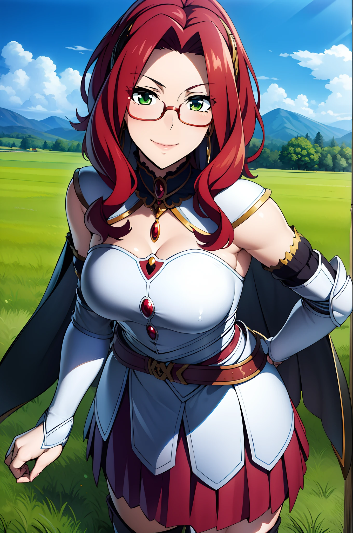 bitch medium breasts, cape, armor, purple skirt, silver boots, red hair, beautiful face, green eyes, smile, (masterpiece:1.2), best quality, absurdres, highres, extremely detailed wallpaper, perfect lighting, outdoors, grass, field, (((glasses:0.9))), ((tsundere)), tall, beautiful, medium breast, ((round eyewear:0.9)), ((military pants:0.5)), ((polo shirt:0.4)), cowboy shot, portrait