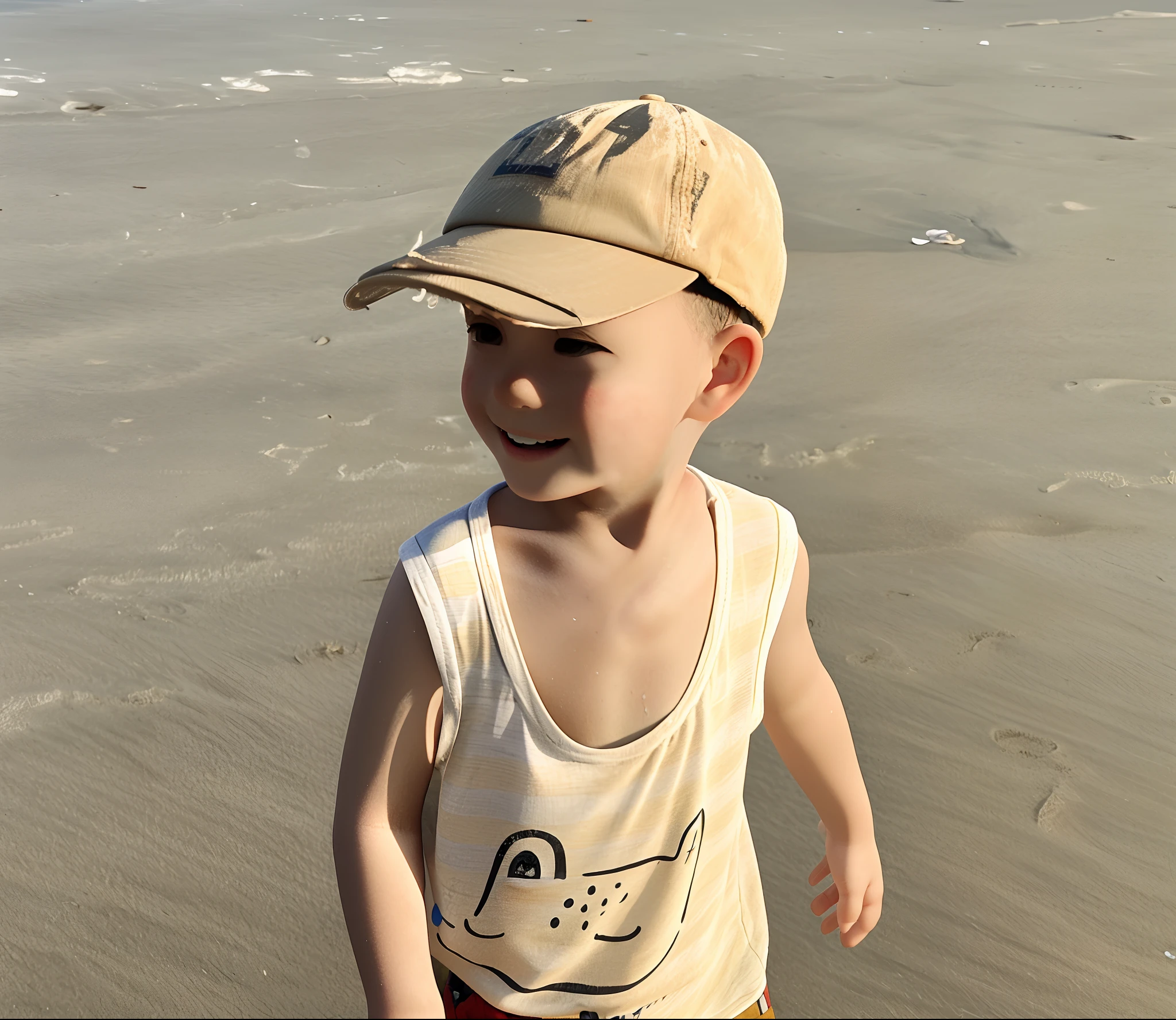 A little boy walking on the beach，With a smile on your face，With a cap。The illustration is a high-definition illustration in 4K resolution，With very detailed facial features and cartoon-style visuals，Disney  style。