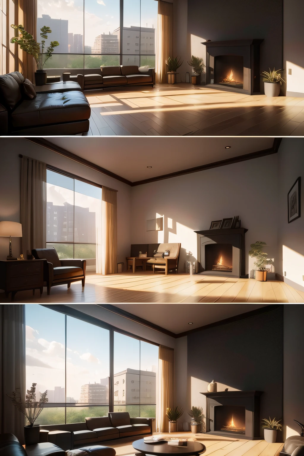 The fireplace is located in the very center of the living room，Front fireplace，Next to the second side of the fireplace there is a sofa coffee table，Sunlight shines through the transparent glass windows，best qualtiy，Simple atmosphere， ultra - detailed， 超高分辨率，Indoor HD rendering