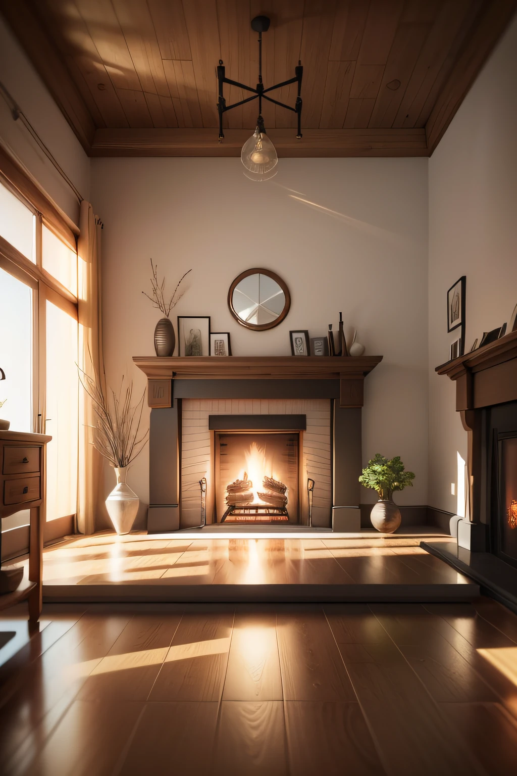 The fireplace is located in the very center of the living room，Front fireplace，Next to the second side of the fireplace there is a sofa coffee table，Sunlight shines through the transparent glass windows，best qualtiy，Simple atmosphere， ultra - detailed， 超高分辨率，Indoor HD rendering