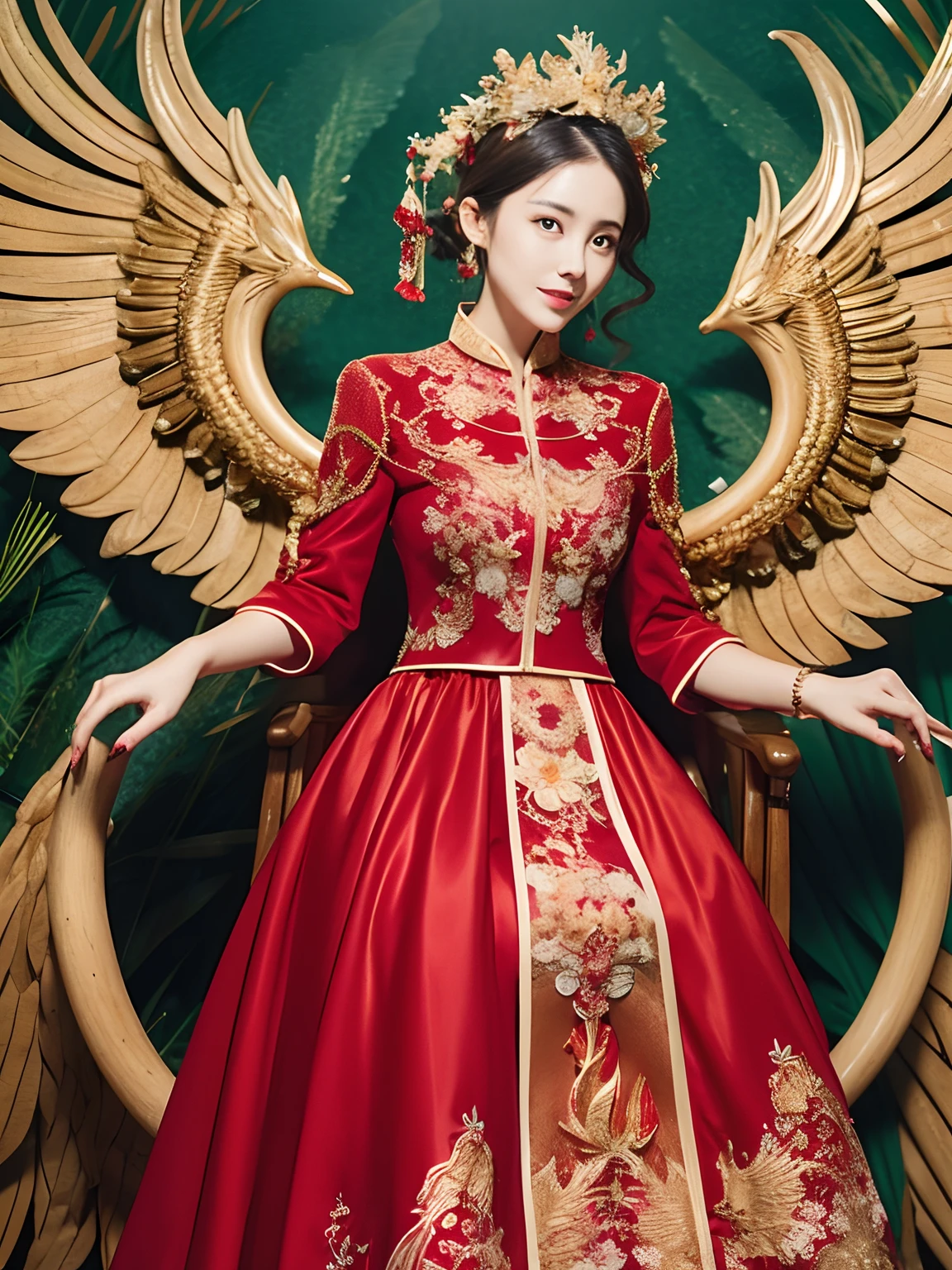 A Chinese girl sitting on a throne, a throne encrusted with precious stones, surrounded by Chinese phoenix beasts, gold and ruby color, unique monster illustration, Dau al set, high resolution, a painting, dense composition, playful repetition, precious stones, crystals, gold, detailed paintings, unique monster illustrations, super fine details, realistic, super high resolution, complex, super detail, (skin dents), cute, feminine, detailed body, (Detailed face: 1.1), (contoured iris), (watercolor lenses), (perfect eyes), 4k, gorgeous, (masterpiece: 1.2), (best quality: 1.2), gorgeous long dress, dynamic pose, rich colors, film light and shadow，red and golden clothes