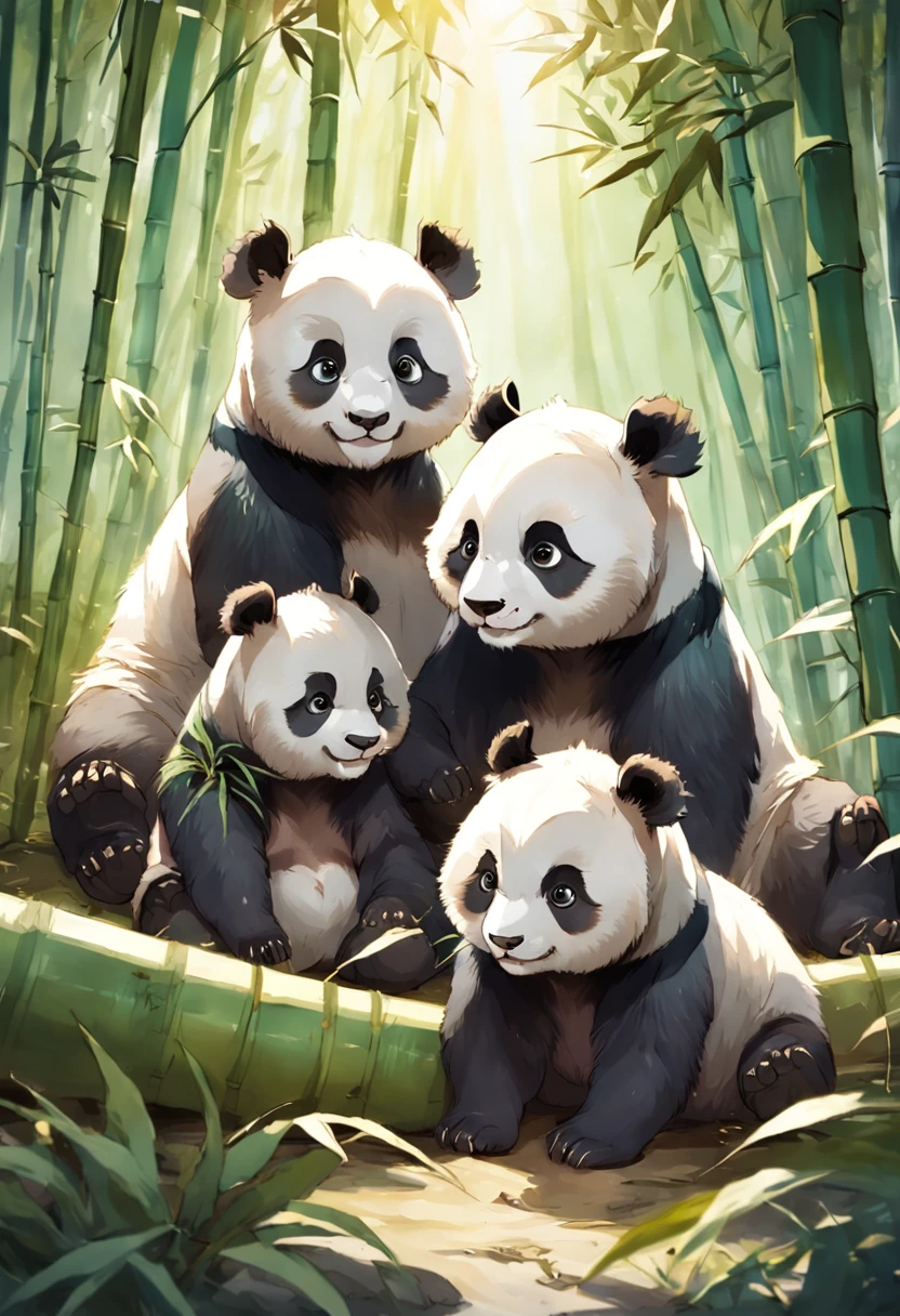 Two cute furry panda cubs wallow playfully in the sunny bamboo glade, Warm light filters through the leaves. Detailed fur texture, Peaceful and natural mood, Gentle lighting. Traditional watercolor style. --AR 4:5 --s 400 --niji 5