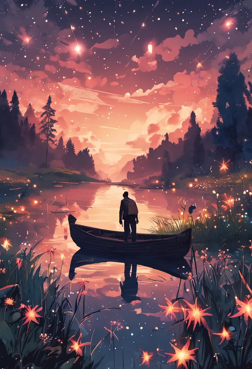 Masterpiece、top-quality、Top image quality、The 8k quality、、Beautiful starry sky illustration、Two beautiful shooting stars、Fantastical、lake、Lots of fireflies、