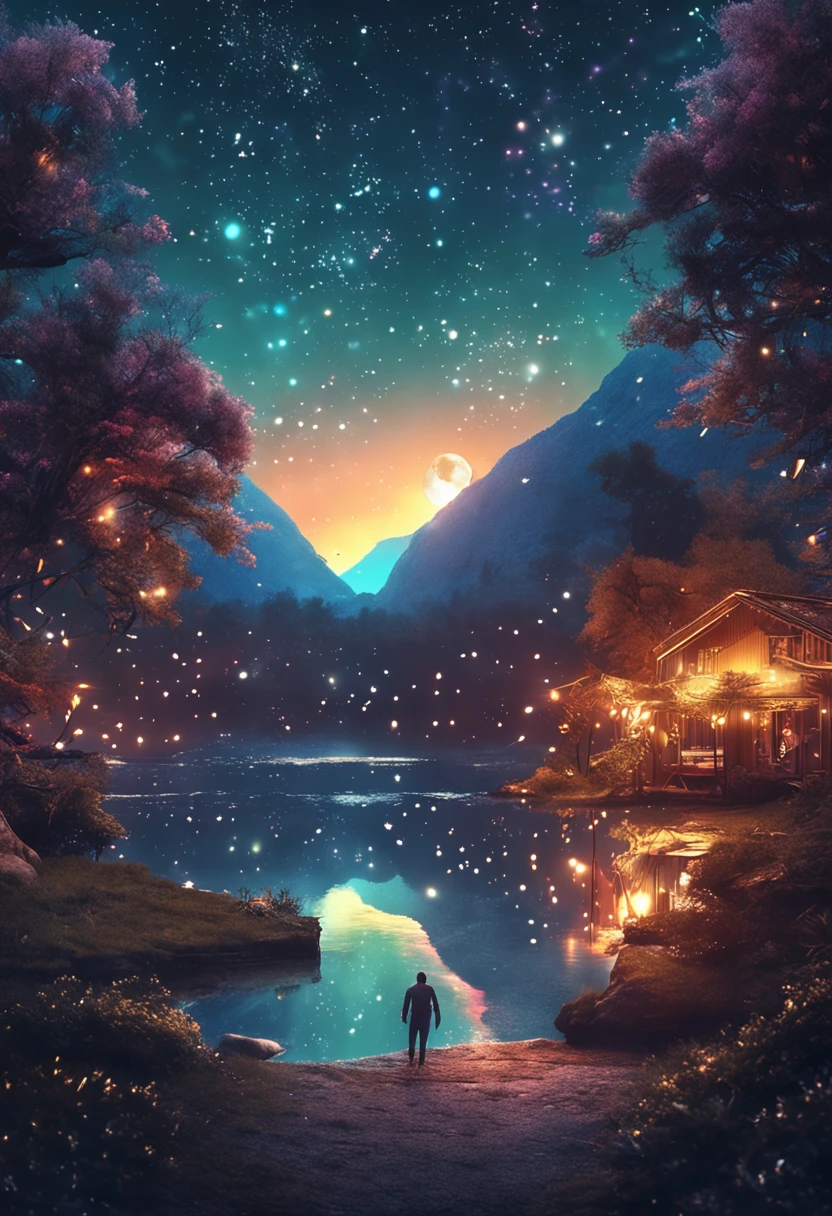 Masterpiece、top-quality、Top image quality、The 8k quality、、Beautiful starry sky illustration、Two beautiful shooting stars、Fantastical、lake、Lots of fireflies、