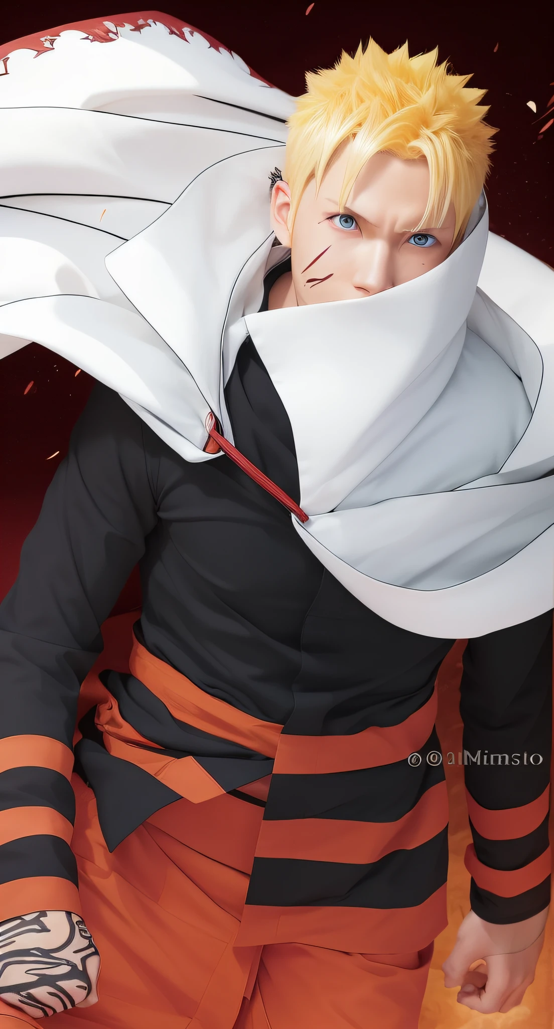 Naruto Uzumaki is the main character in the Naruto anime series. He has large orange eyes with horizontal black lines across them. The body is quite thin. He has short yellow hair with no bangs. On the face there are three lines on each cheek. Under his eyes were red shadows. He was wearing a black shirt with an orange pattern underneath. Also wears the white robes of the Hokage with flame patterns on the bottom of his robes. On his right hand wrapped by a white cloth. Potrait Photo