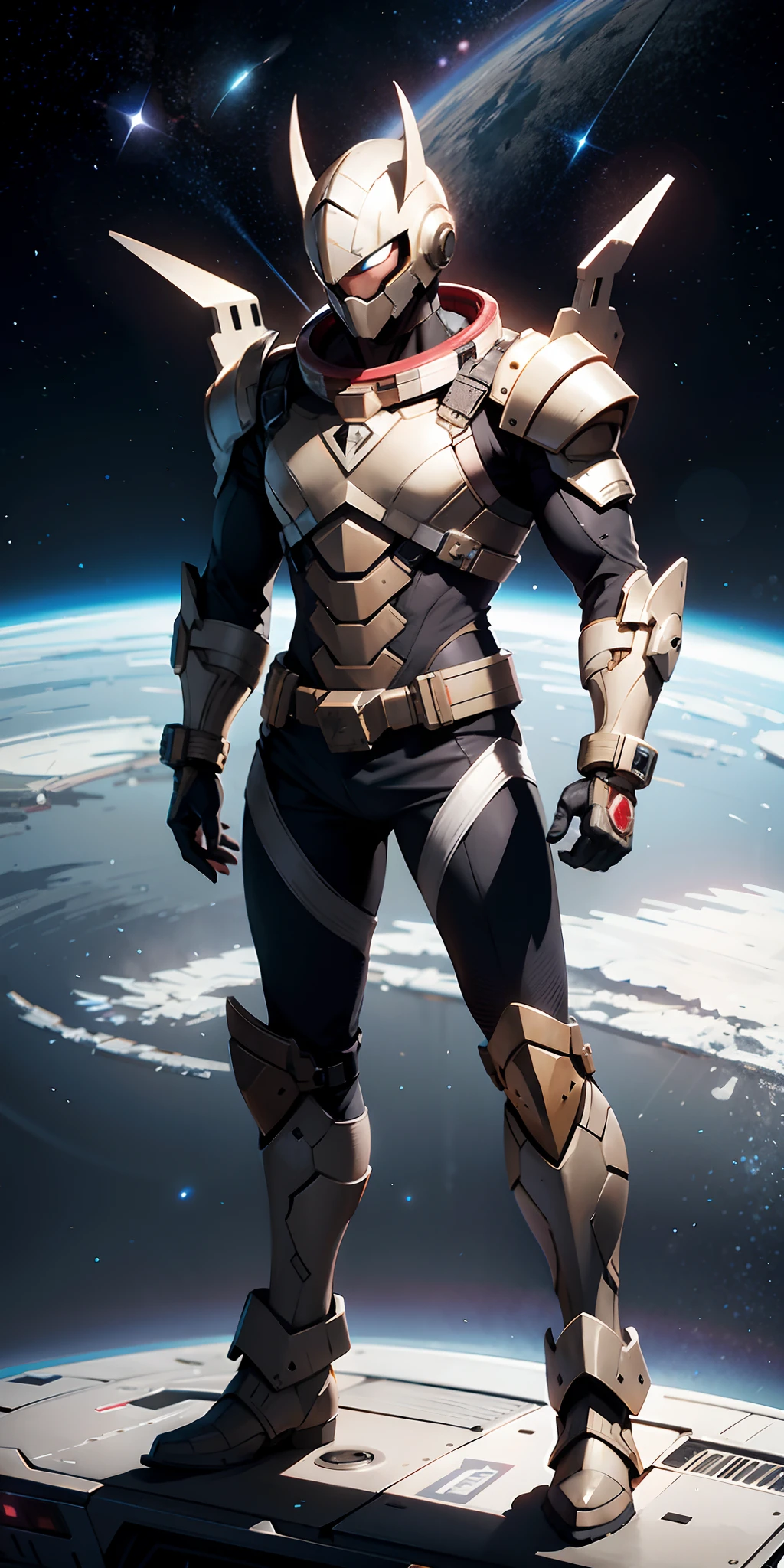 "Man in Marvel Combat Machine Armor on a Space Base", armadura enferrujada:0.9, galaxy, foto profissional:1.3)